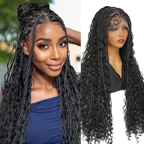 SUPERNOVA 36 Inch Boho Braided Wigs Full Lace Triangle Knotless Braided Wigs For Black Women Synthetic Full Double Lace Front Box Braid Wig With Baby Hair Goddess Locs Braids Wig With Curly Ends