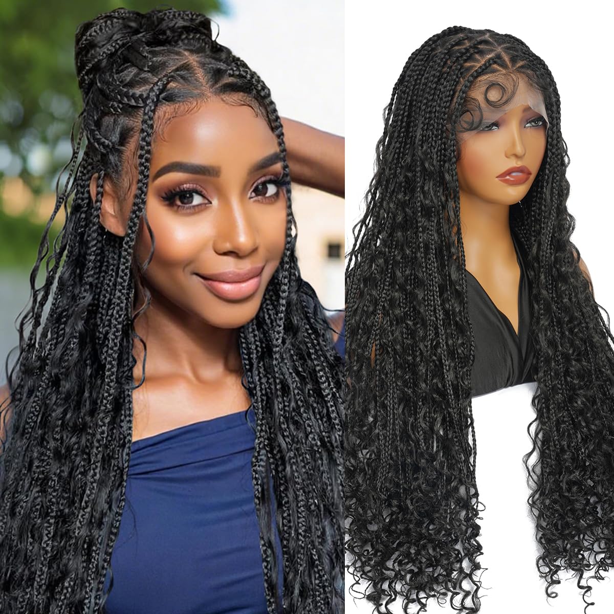 SUPERNOVA 36 Inch Boho Braided Wigs Full Lace Triangle Knotless Braided Wigs For Black Women Synthetic Full Double Lace Front Box Braid Wig With Baby