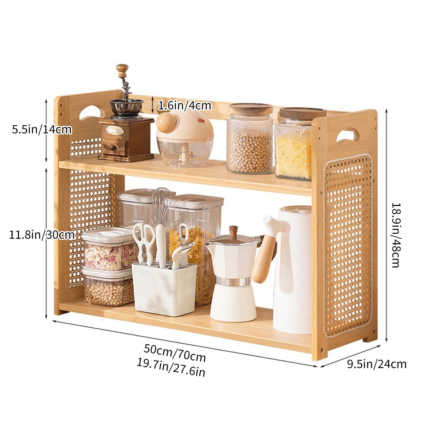 2 Etage Gewürzregal Stehend Geflechttechnik Gewürzständer Aus Holz Küchen Arbeitsplattenregal Spice Rack Kaffeeregal Für Küche Aufbewahrungsregal Für Kosmetika,Pine,70 * 24 * 48cm