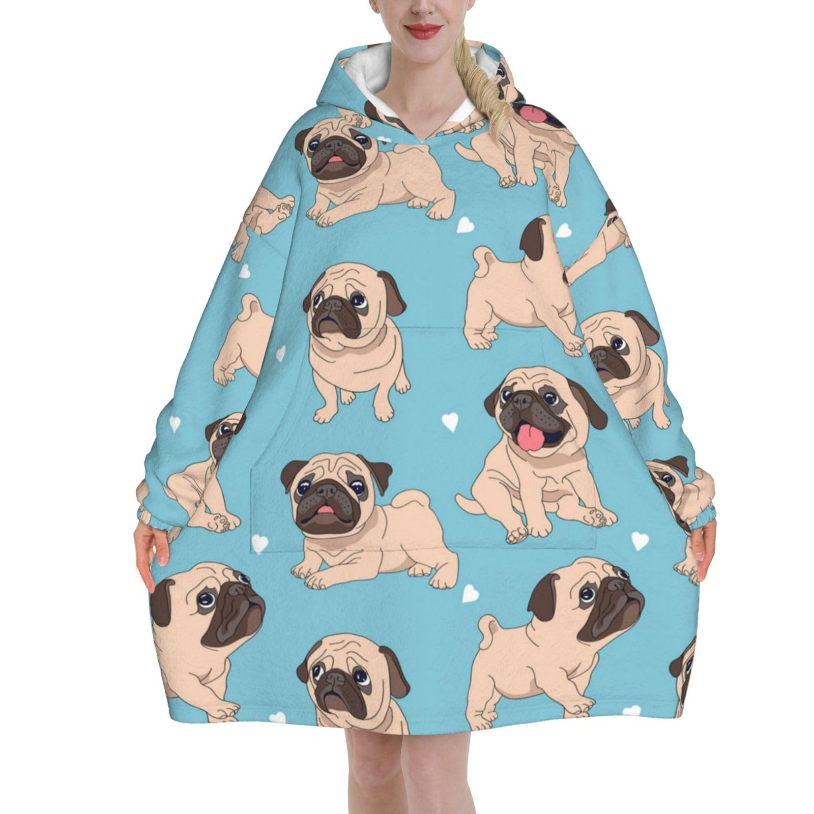 Yxdvpalne Unisex As Picture Pug Oversized Women's Wearable Blanket Hoodie, Flannel Pullover Blanket, Blanket Sweatshirt