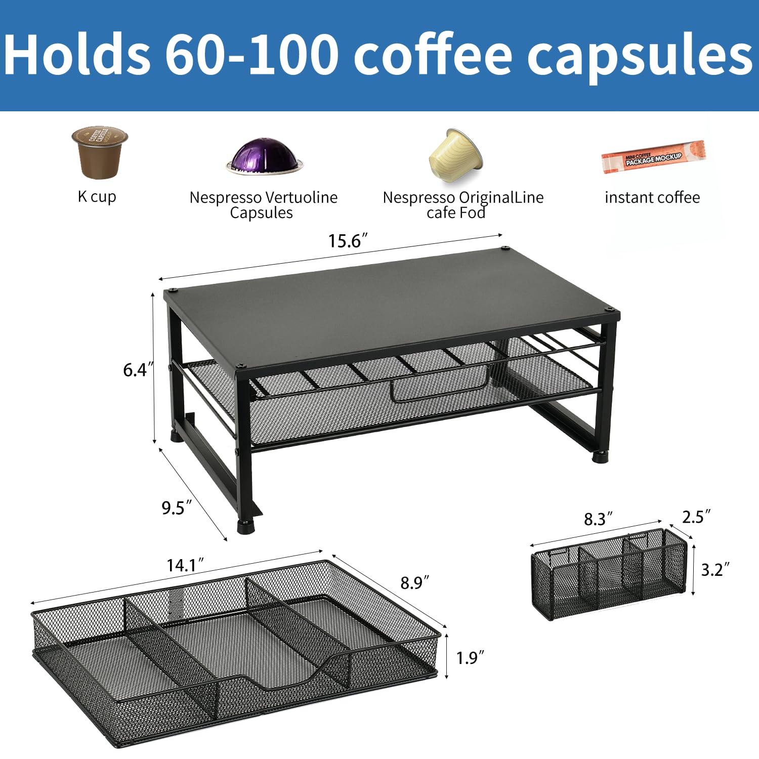 Spacrea Organizador de tazas K, soporte para cápsulas de café para mostrador con cajón de almacenamiento deslizante de 2 niveles, soporte para accesorios de barra de café, 63 cápsulas grandes u 80
