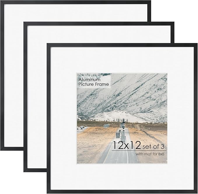 12x12 Frame - Metal Square Picture Frame With Tempered Glass 12x12 Frame With Mat For 8x8 Minimalist Modern Poster Frame Hanging Hardware Included (Black, 3Pcs)