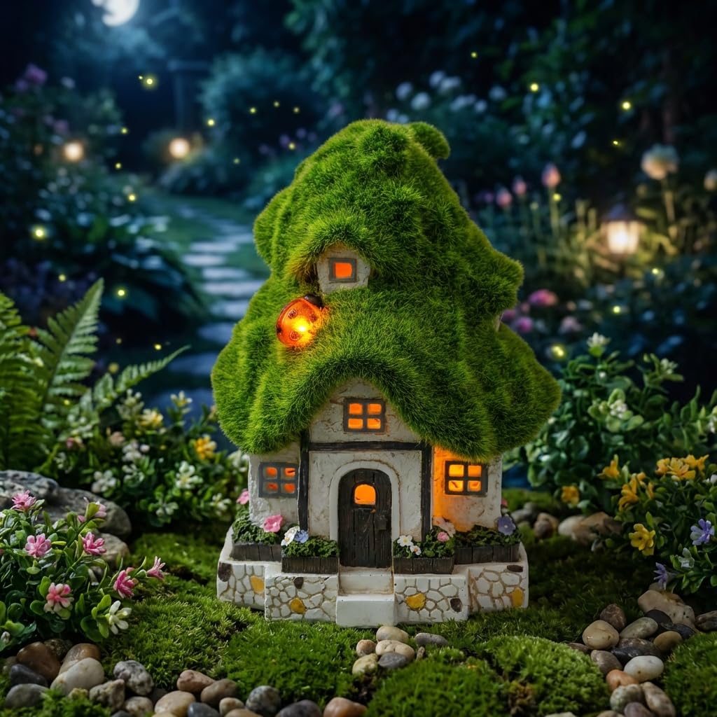 TERESA'S COLLECTIONS Estatua de jardín flocada y figura de casa de hadas con luces solares, estatuas de resina al aire libre, decoración de jardín de cabaña, adornos de césped para decoración de
