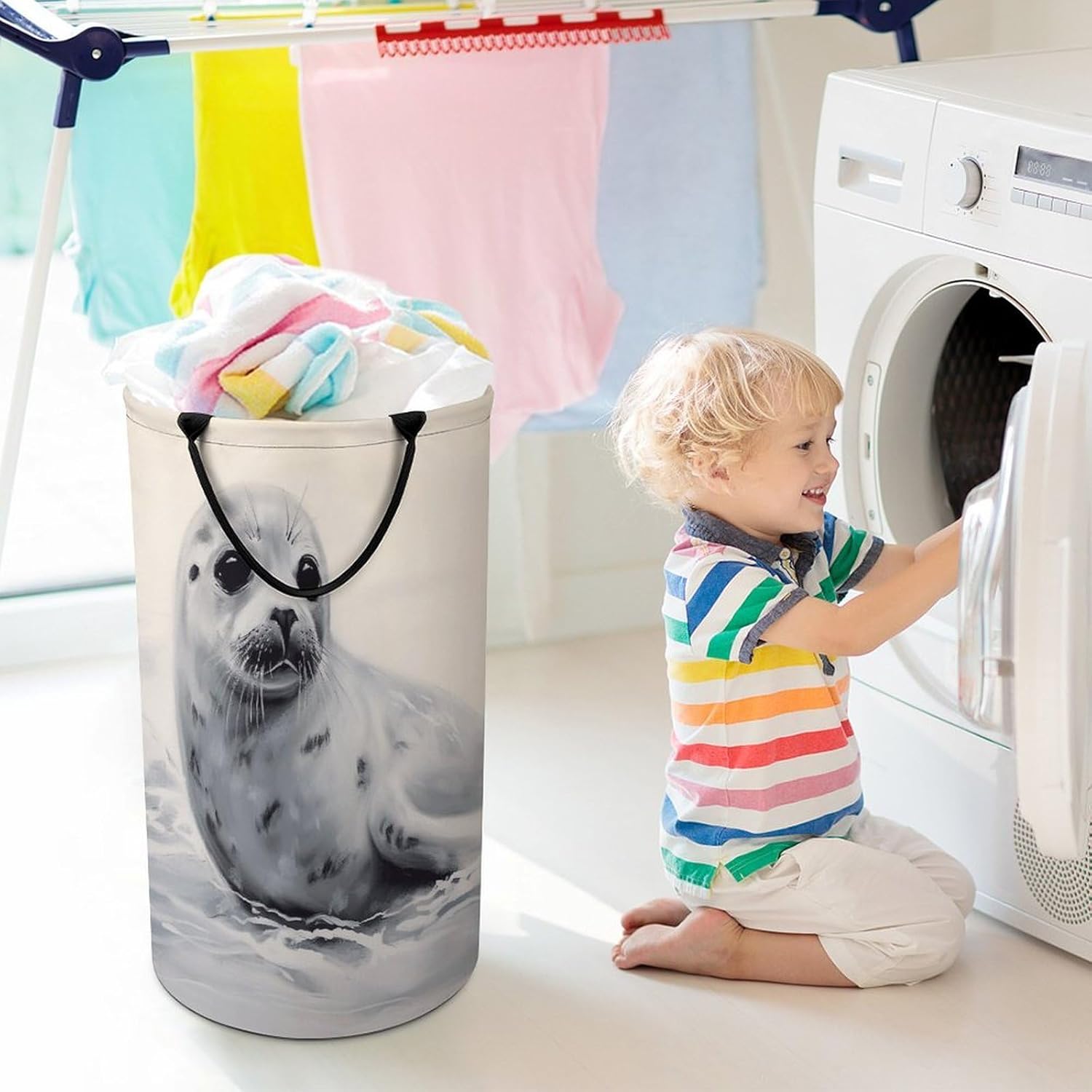 Harp Seal Painting Laundry Hamper with Handles Waterproof Collapsible Laundry Basket Large Lightweight Round Dirty Clothes Hamper for Home Dorm Bathroom Decor