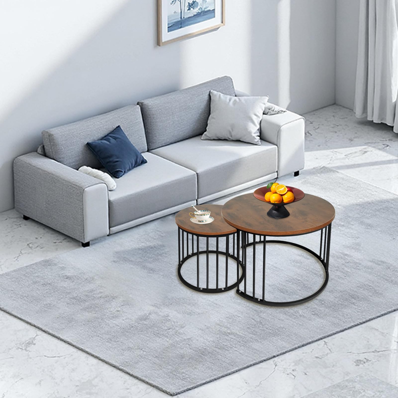LANTUS Tavolo Basso da Salotto, Adatto per Salotto, per Finestra e Portafinestra, Tavolino 2 Pezzi, Tavolo Basso Rotondo Moderno, Tavolo Salvaspazio Rotondo, (60 x 60 x 45 cm e 40 x 40 x 38 cm) Legno