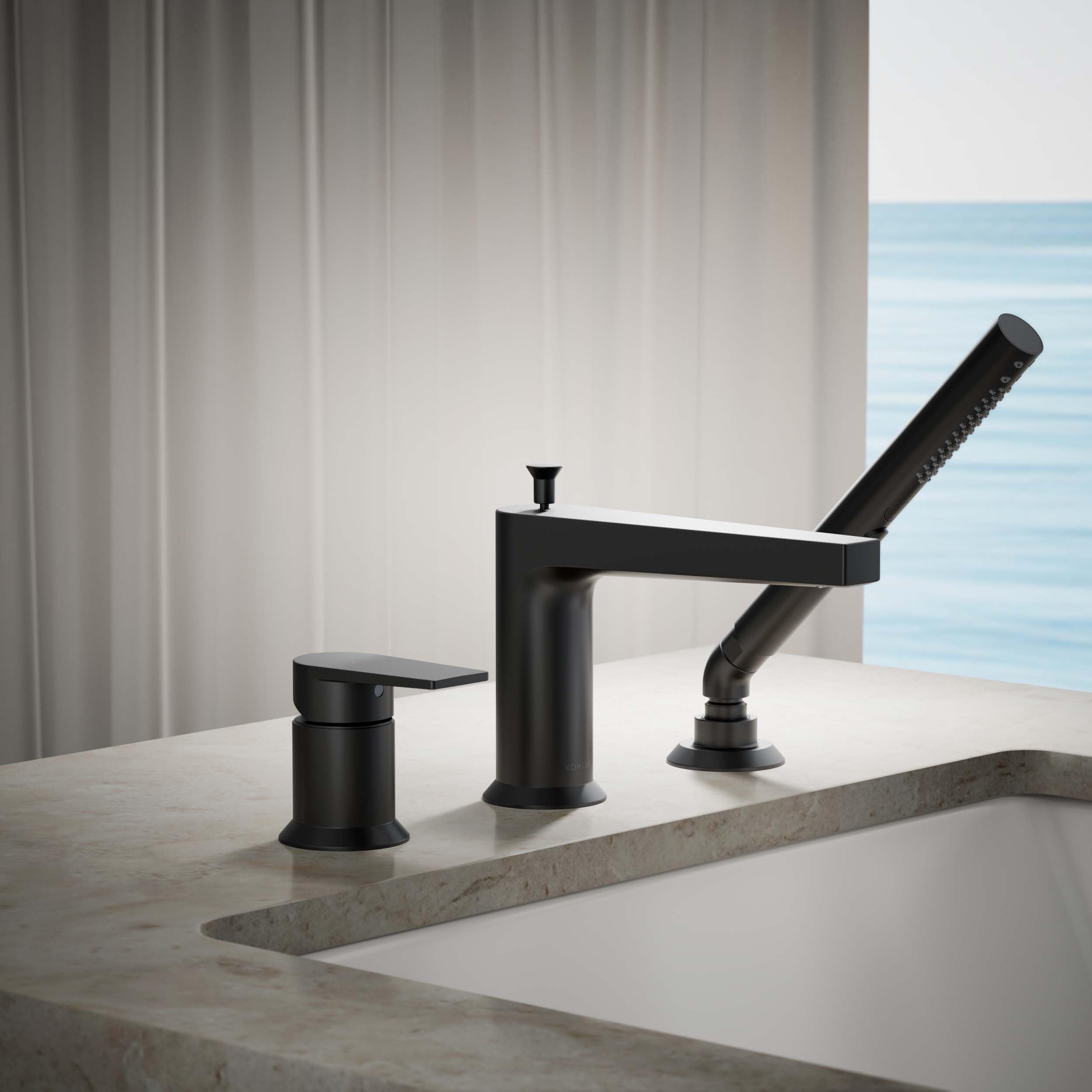 Bath Tub Stopper KOHLER Taut Deck-Mount Bath Faucet With Handshower -  3-Hole Brushed Nickel Kohler 97070-4-cp