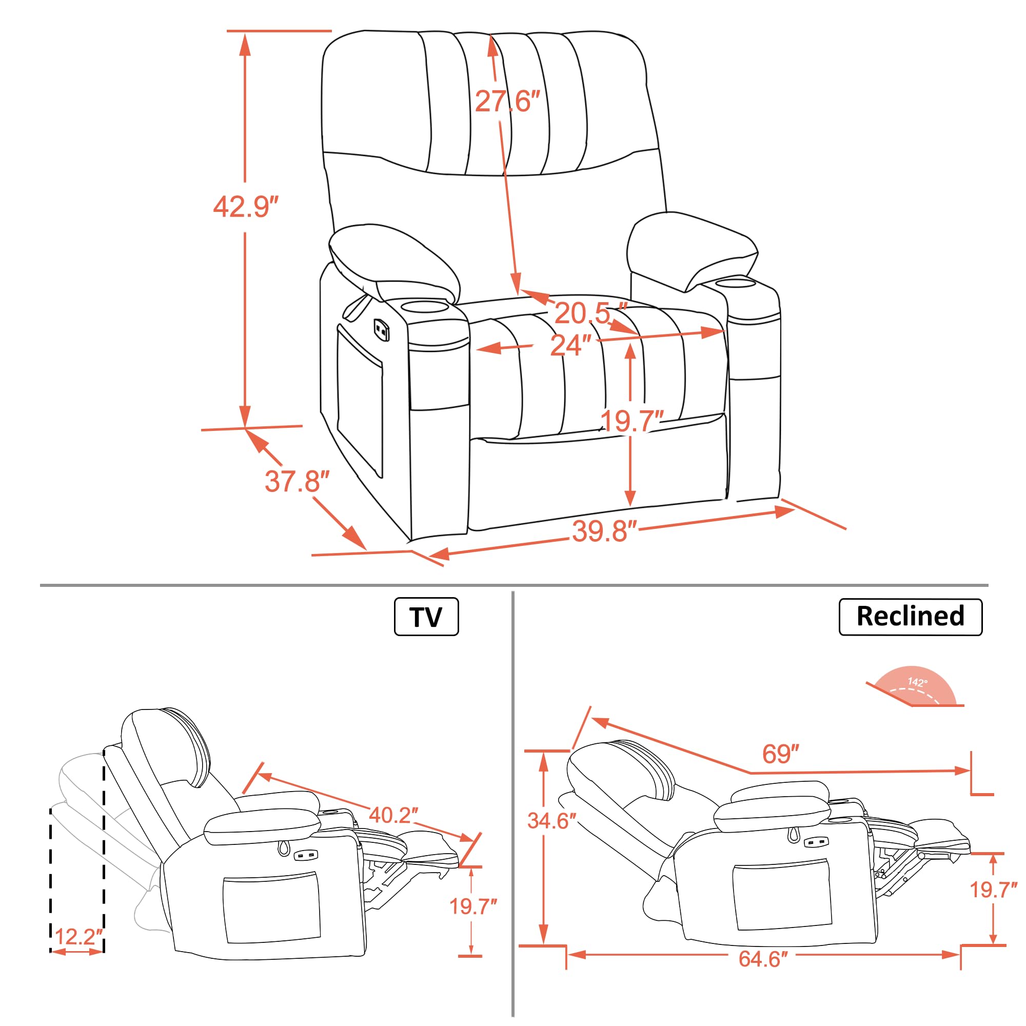 MCombo Power Swivel Glider Rocker Recliner Chair for Living Room with Vibration and Heat, USB Ports, Cup Holders and Pockets, Faux Leather 7785 (Navy Blue)