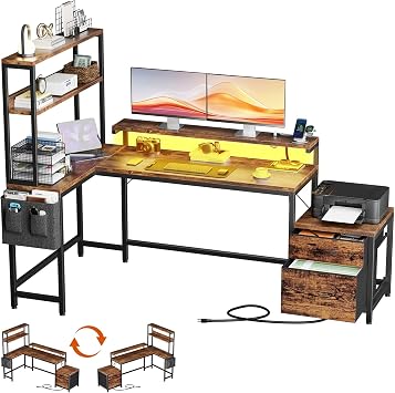 REAHOME 70 Inch L Shaped Desk with File Drawers and Reversible Storage Shelves, Computer Desk with Power Outlet & LED Strip, Home Office Desks, Writing Study Desk for Bedroom, Rustic Brown