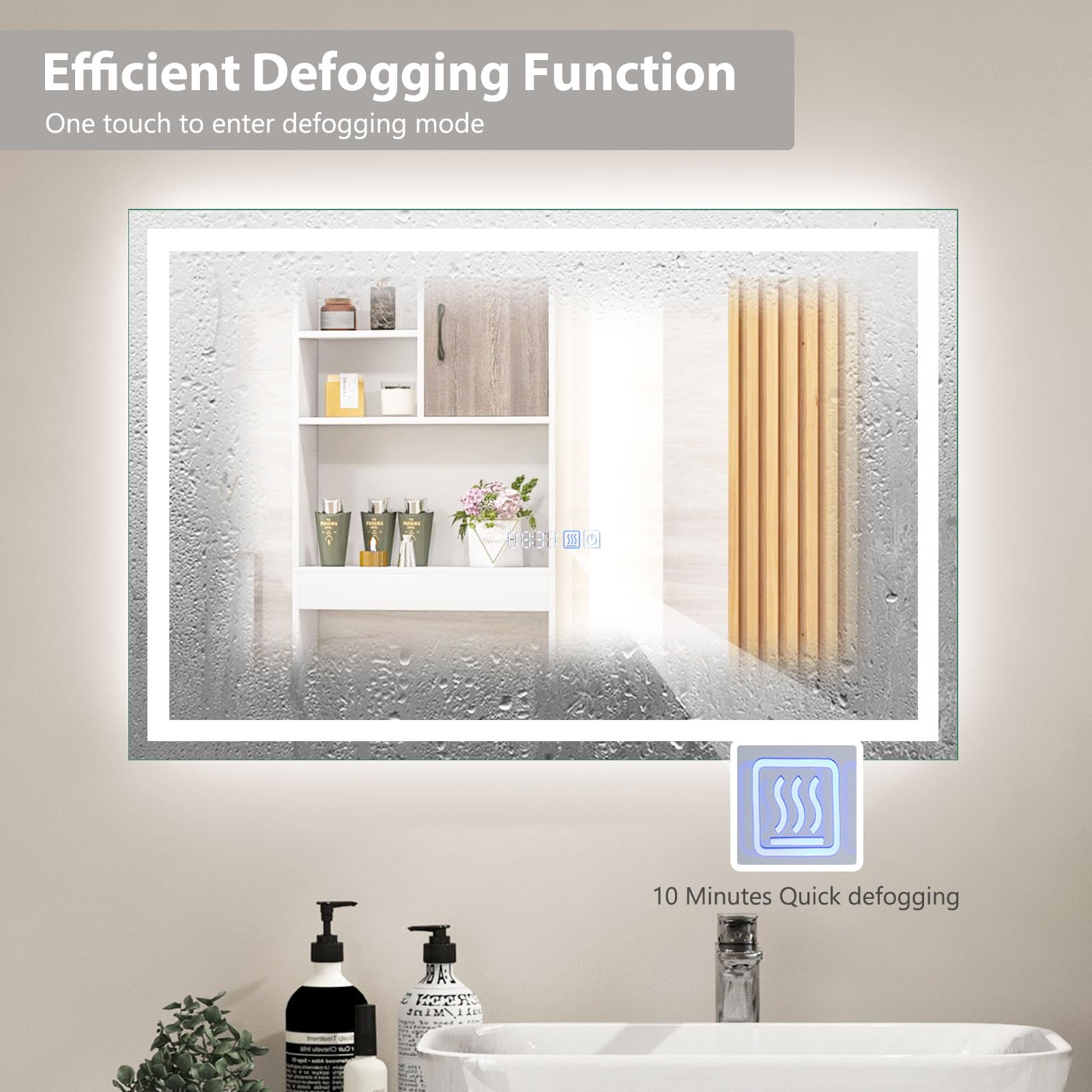 LIFEZEAL Miroir De Salle De Bain Éclairé LED 70x50 Cm - 3 Couleurs, Anti-Buée, Mémoire, Affichage Heure/Température