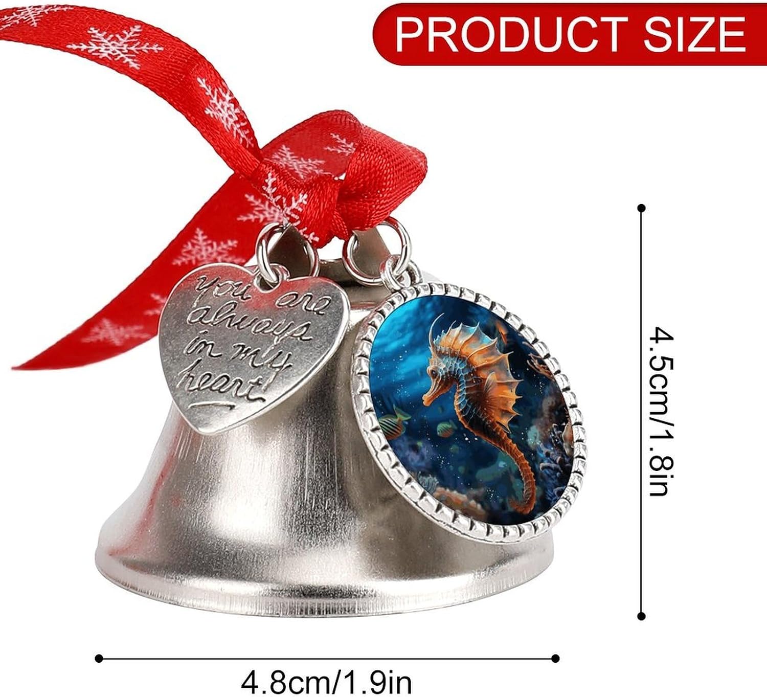 Ocean Seahorse Christmas Bells Ornaments with Wings & Heart Silver Bell Pendant for Christmas Tree Home Door Mantle Fireplace Decoration