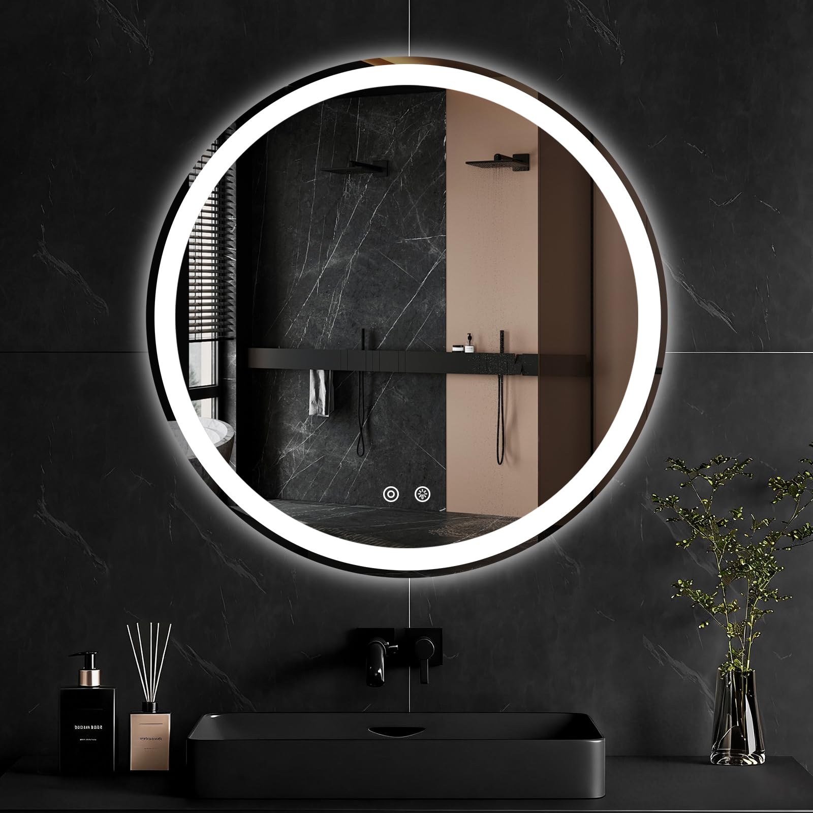 Sweetcrispy 30-Inch Round LED Bathroom Backlit Mirror with Lights, Circle Vanity Mirror with Anti-Fog, Dimmable, 3-Color Light, Memory Function, Tempered Glass