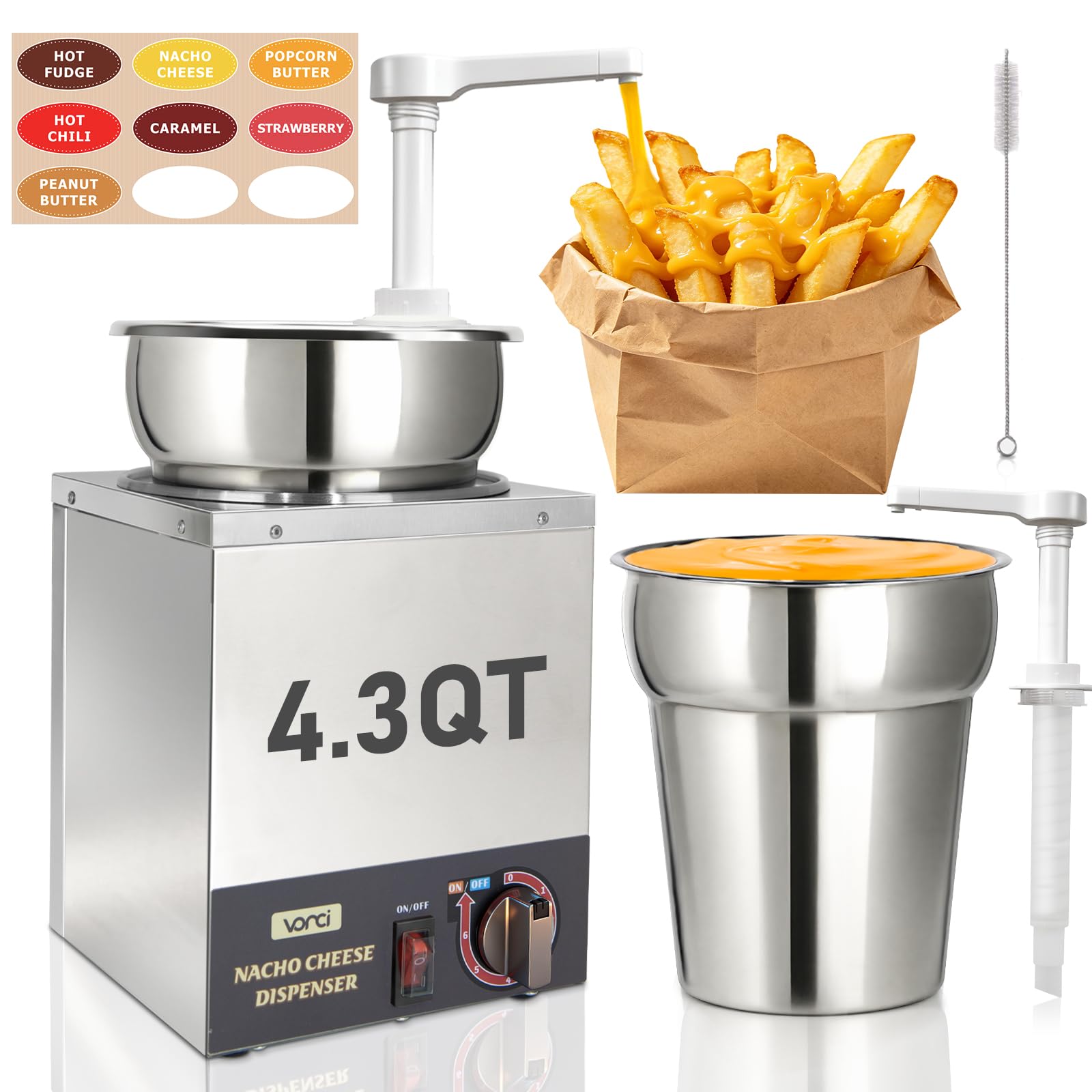 VONCI Dispensador de queso Nacho, calentador de queso Nacho de 4.3 cuartos de galón con bomba de plástico, dispensador de dulce caliente con ajuste de temperatura de 6 niveles, dispensador de queso
