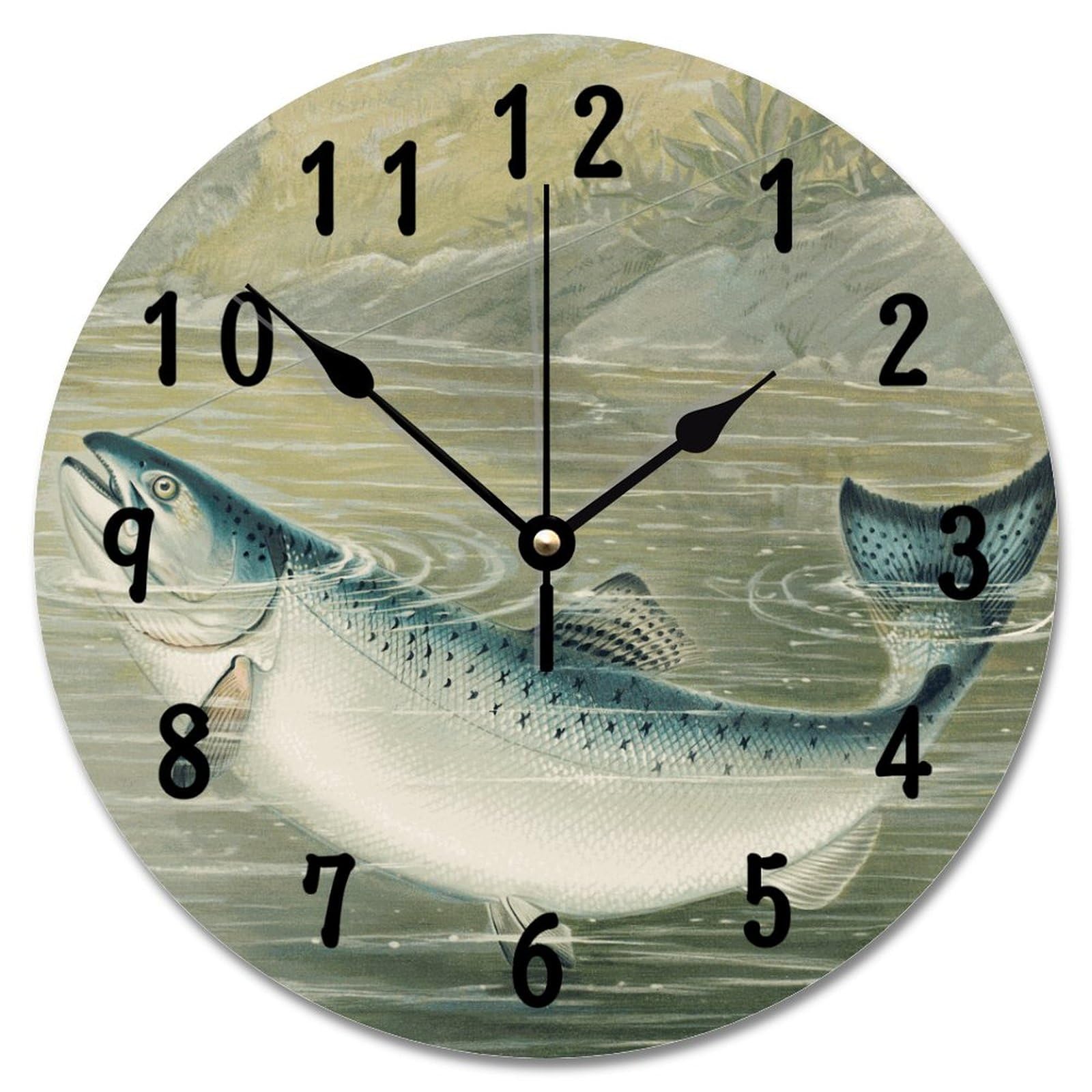 LMMIXEE Bass Fly Wall Clock Fisherman Fishing 10 Inch Wall Clocks Battery Operated Non-Ticking Retirement Home Decor Wall Decor for Bedroom Living Room Kitchen School Office