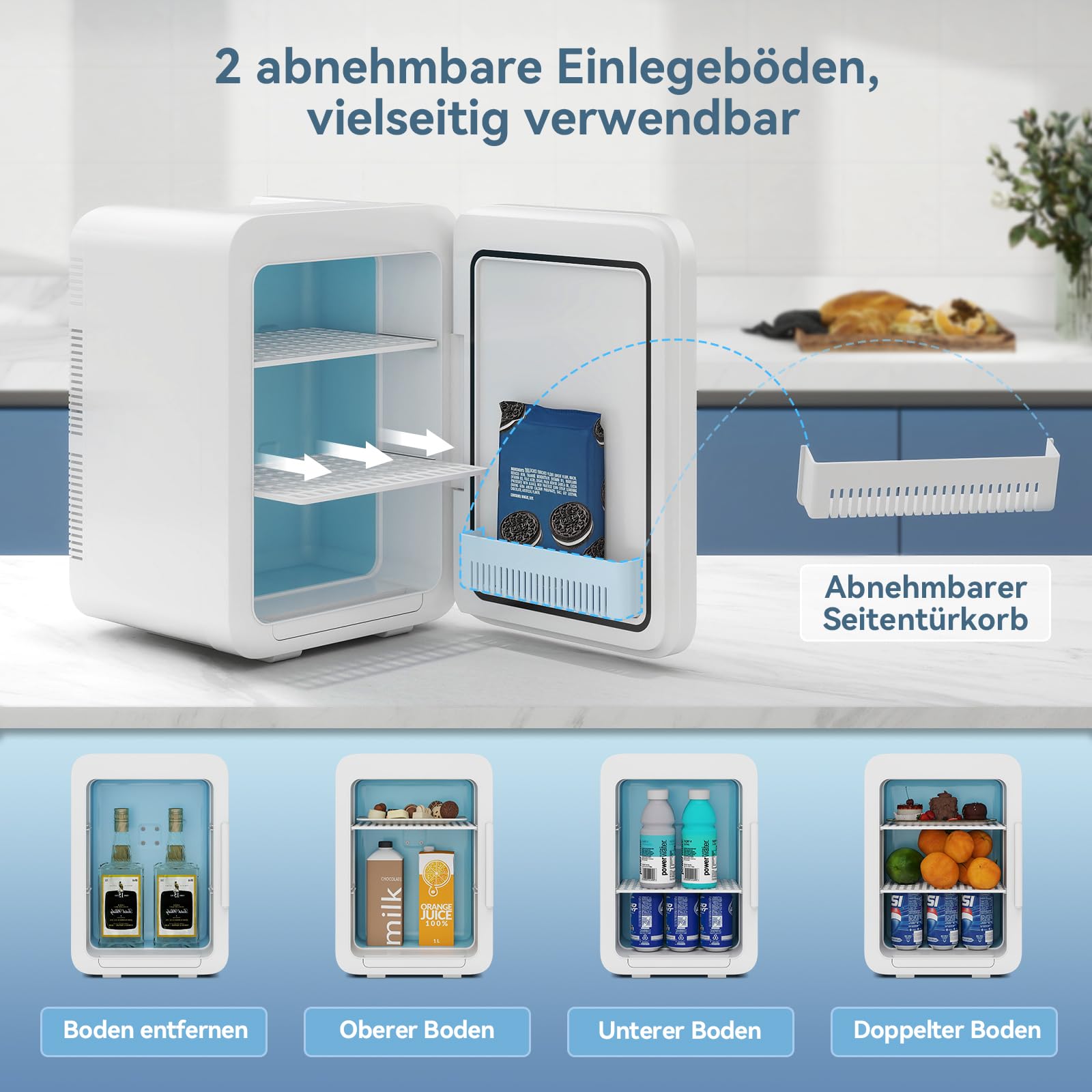Mini Kühlschrank 20L,2 in 1 Kleiner Kühlschrank,mit Eleganter Glasfront,220V AC/12V DC,Mini-Kühlschränke,Tragbarer Skincare Fridge für Kosmetik,Getränke,für Auto/Büro/Camping,Blau+Weiß