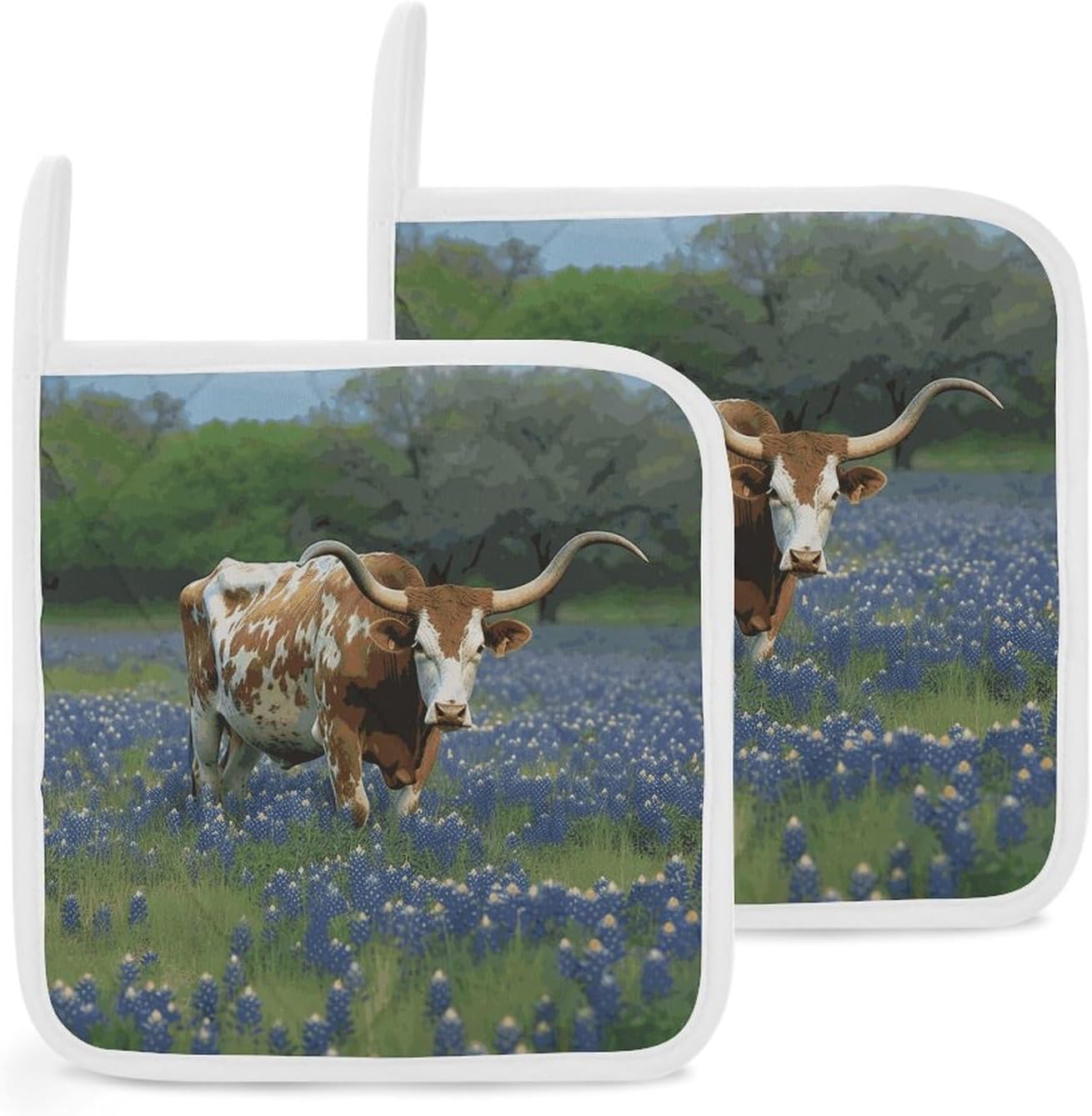 Pot Holder Set of 2 Bluebonnet Longhorn Printed Potholders for Kitchens Heat Resistant & Non Slip Potholders for Kitchen Cooking Baking BBQ