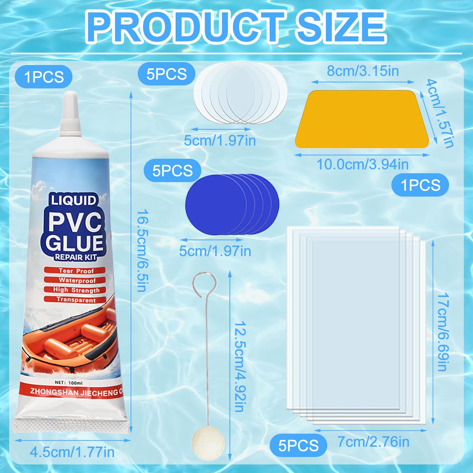 Kit de Réparation Piscine 100ML, Rustine Imperméable avec 15 Patchs & Accessoires, Colle PVC