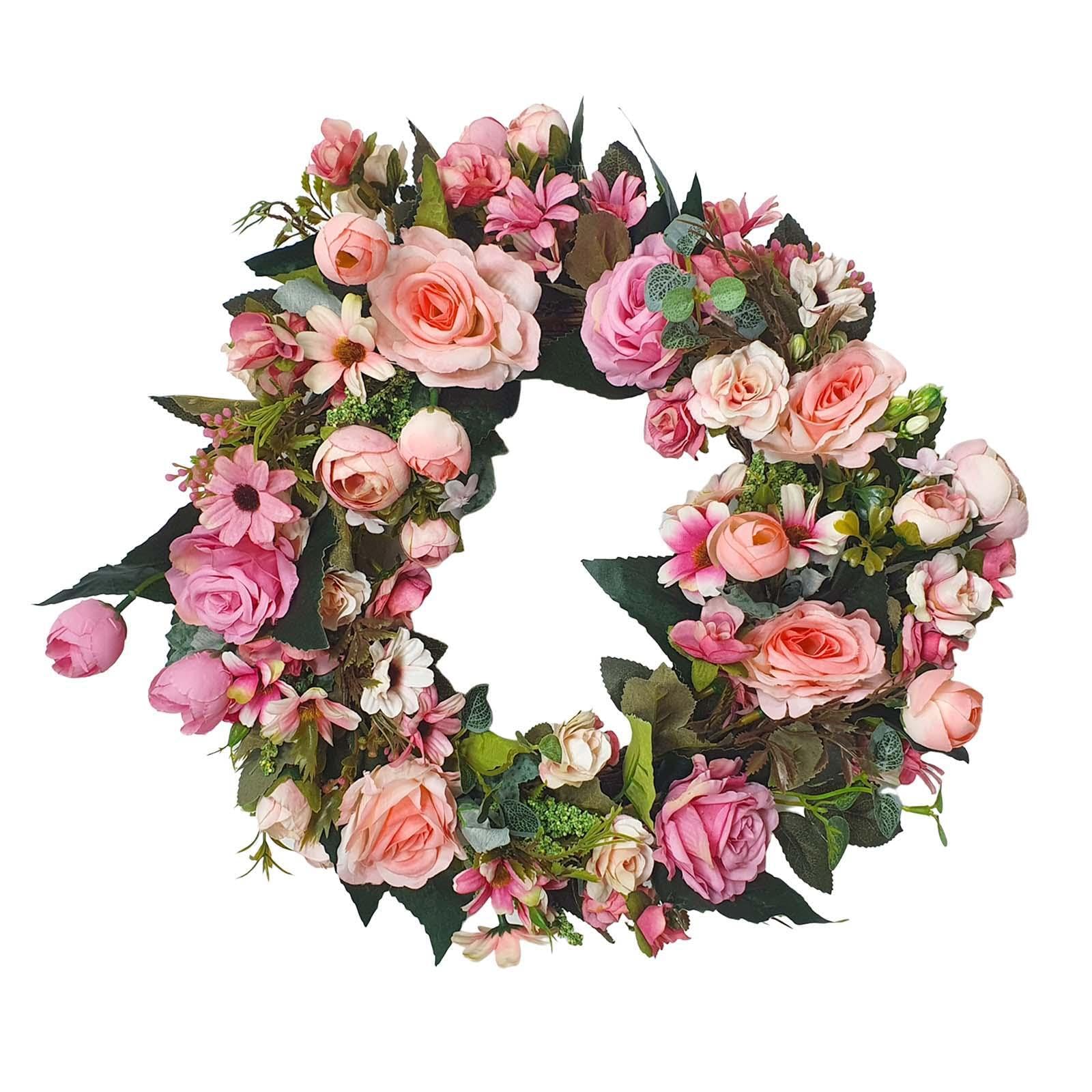 TWISAXC Outdoor Camellia Wreath Spring Door Celebration Artificial Eucalyptus Wreath For Stylish Home Decor Garland Fireplace