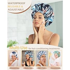 Luvruitaky Large Shower Caps for Women Reusable Waterproof Satin Lined Shower Cap with Adjustable Band Double Layer Design Luxury Washable Bath Hair Bonnet (Black Palm)