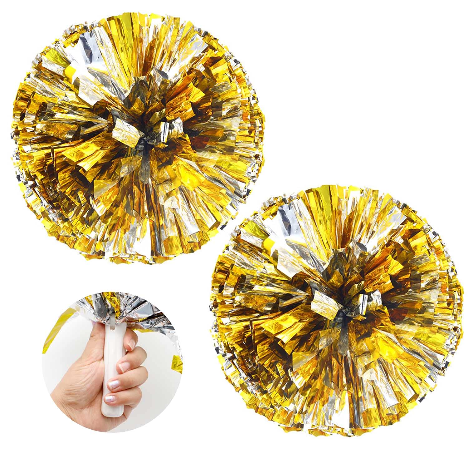 Pompon Cheerleader 2 Pezzi - In Lamina Metallica Oro E Argento - Con Manico Dritto - Per Sport E Feste - Foto 11