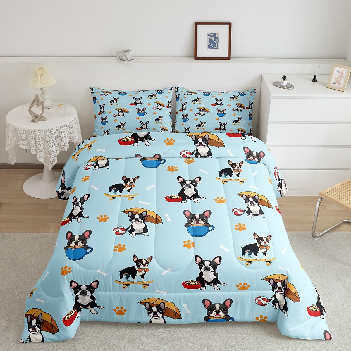 Feelyou Kids King Size French Bulldog Comforter Set Cartoon Dog Bedding Set Dog Animal Comforter for Kids Boys Girls Pet Dog Duvet Insert Kids Bedroom Decor Microfiber Bed Set