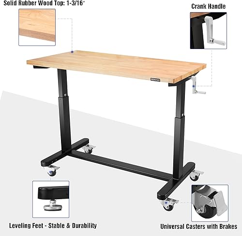 Miniatura 9 de WORKPRO Mesa de trabajo ajustable de 60 pulgadas de altura con manivela y ruedas, banco de trabajo de escritorio de madera de 60 x 24 pulgadas,