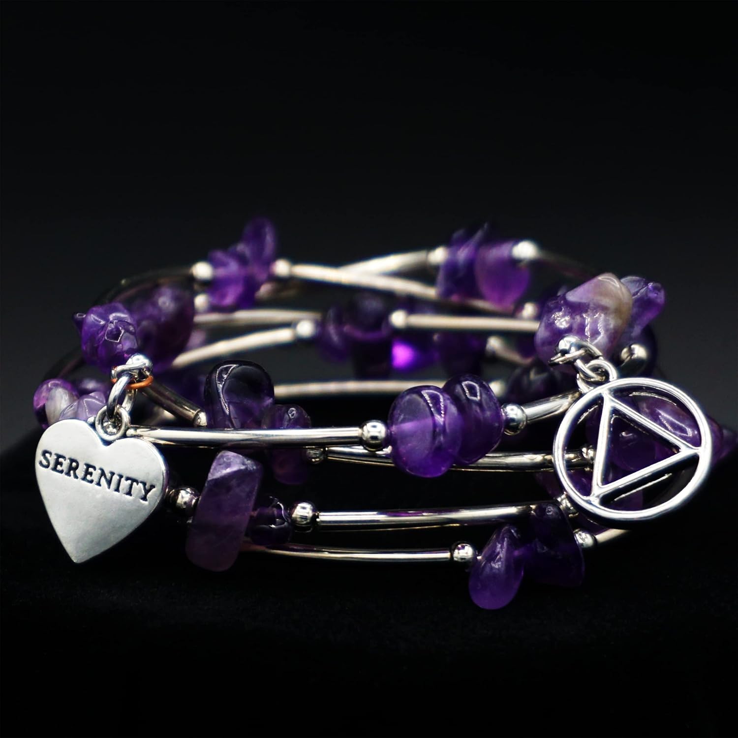 The Token Shop Amethyst AA Bracelet with Alcoholics Anonymous Circle Triangle Symbol and Serenity Heart Charm | Sobriety Gift for Women - Image 5
