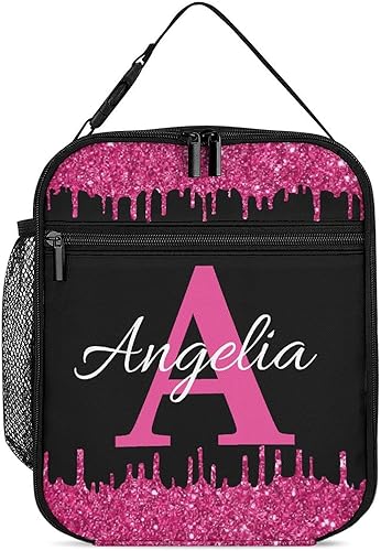 Miniatura 23 de Bolsa de almuerzo con nombre personalizado para hombres y mujeres, con monograma de purpurina azul, hielera, portátil, con nombre, para niñas, azul