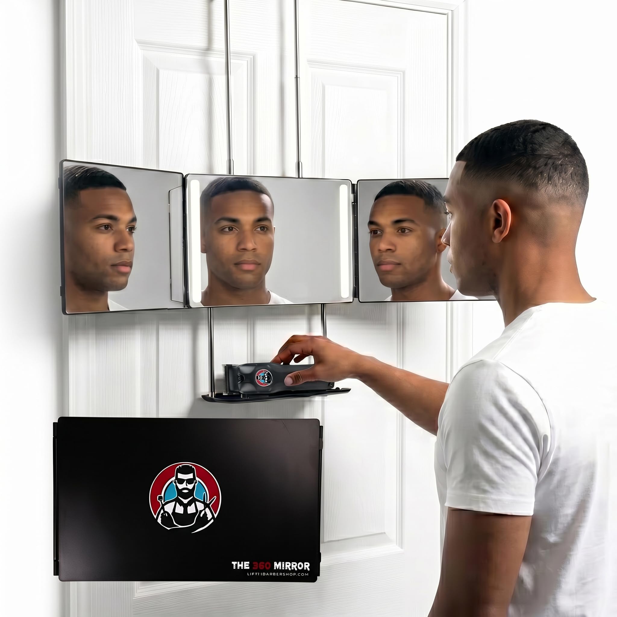 LIPFISBARBERSHOP.COM The 360 LED Mirror - Adjustable Telescoping Hooks and Built in Tray – 3-Way Compact Mirror for Men’s Self Haircuts and Grooming