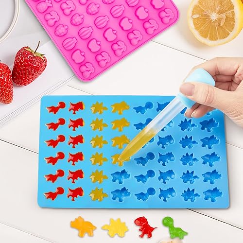 Miniatura 6 de Moldes de silicona para caramelos, mini ositos de gomitadinosauriofruta para niños con 2 cuentagotas, antiadherentes y sin bisfenol A (BPA) para