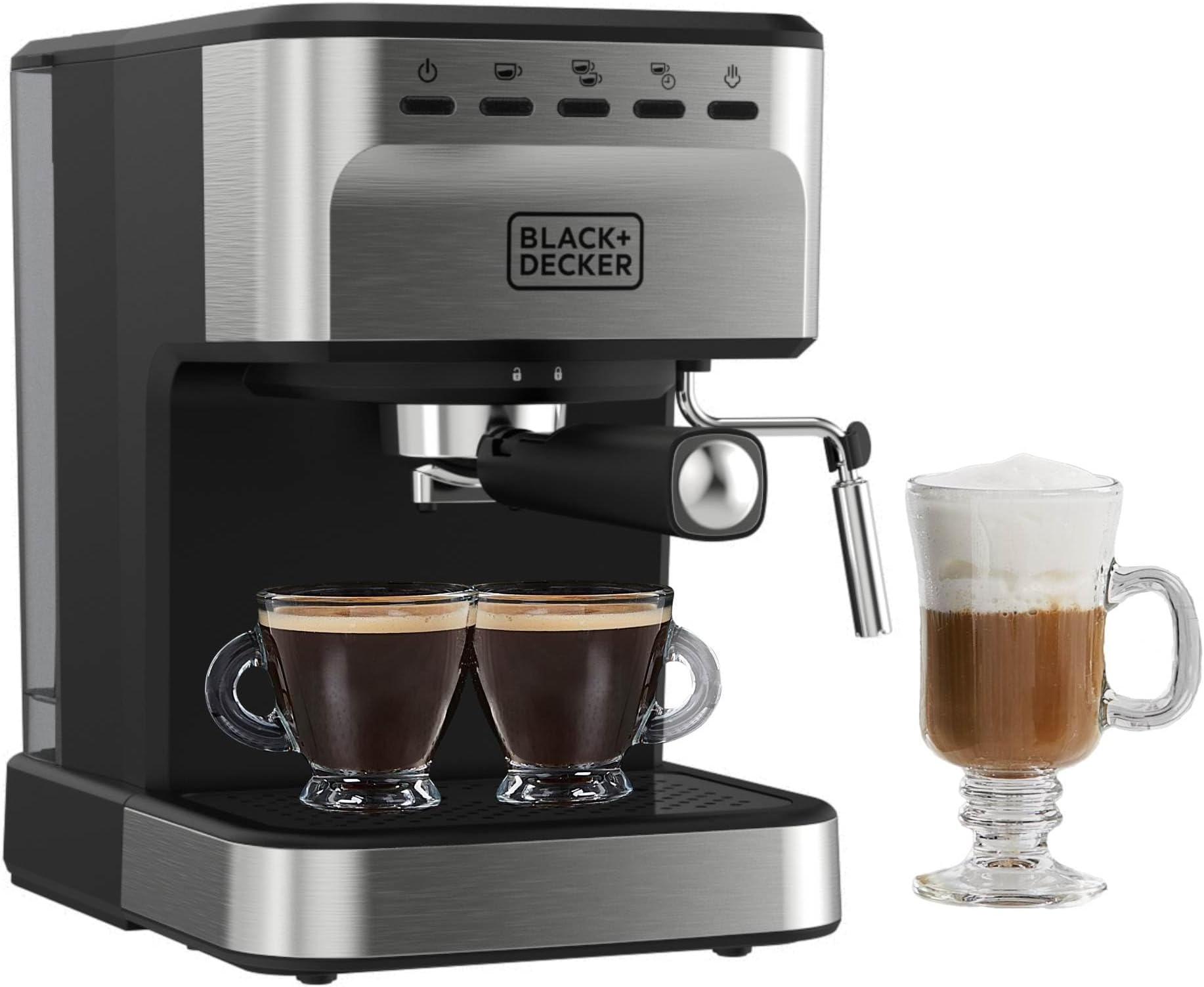 BLACK+DECKERSemi-automatic 15 bar espresso and cappuccino machine, versatile machine with possibility of using grounds or ESE pods to prepare your perfect cup of coffee