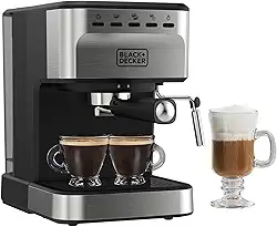 BLACK+DECKER Máquina de Café Expresso e Cappuccino Semiautomática de 15 Barras, Versátil com Capacidade para Grãos ou Cápsulas ESE, 1.5 L