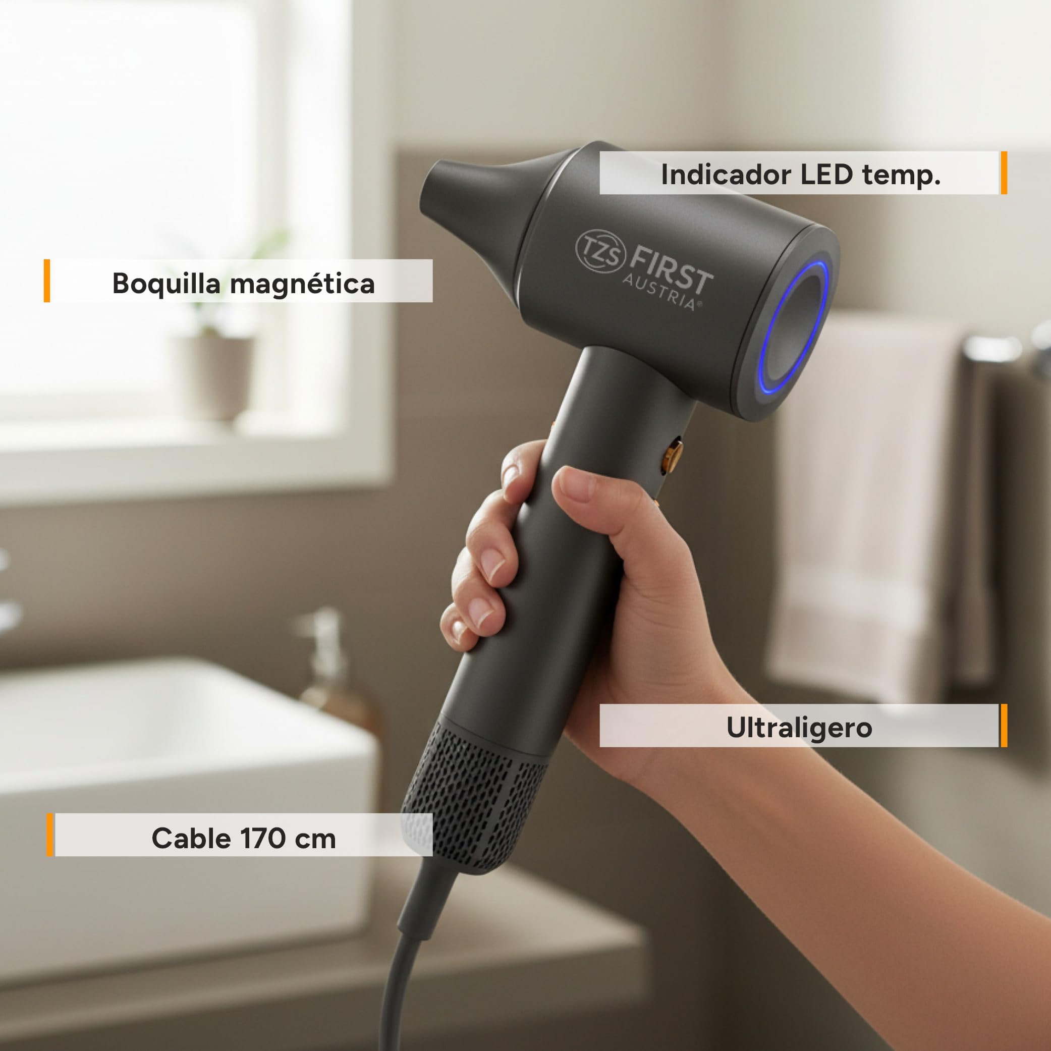 TZS First Austria - Secador de Pelo Iónico Duo Sensor - 1100W - 110.000 RPM - Tecnología de Plasma - Motor Brushless - 5 Modos - Boquilla Magnética - Ligero y Compacto