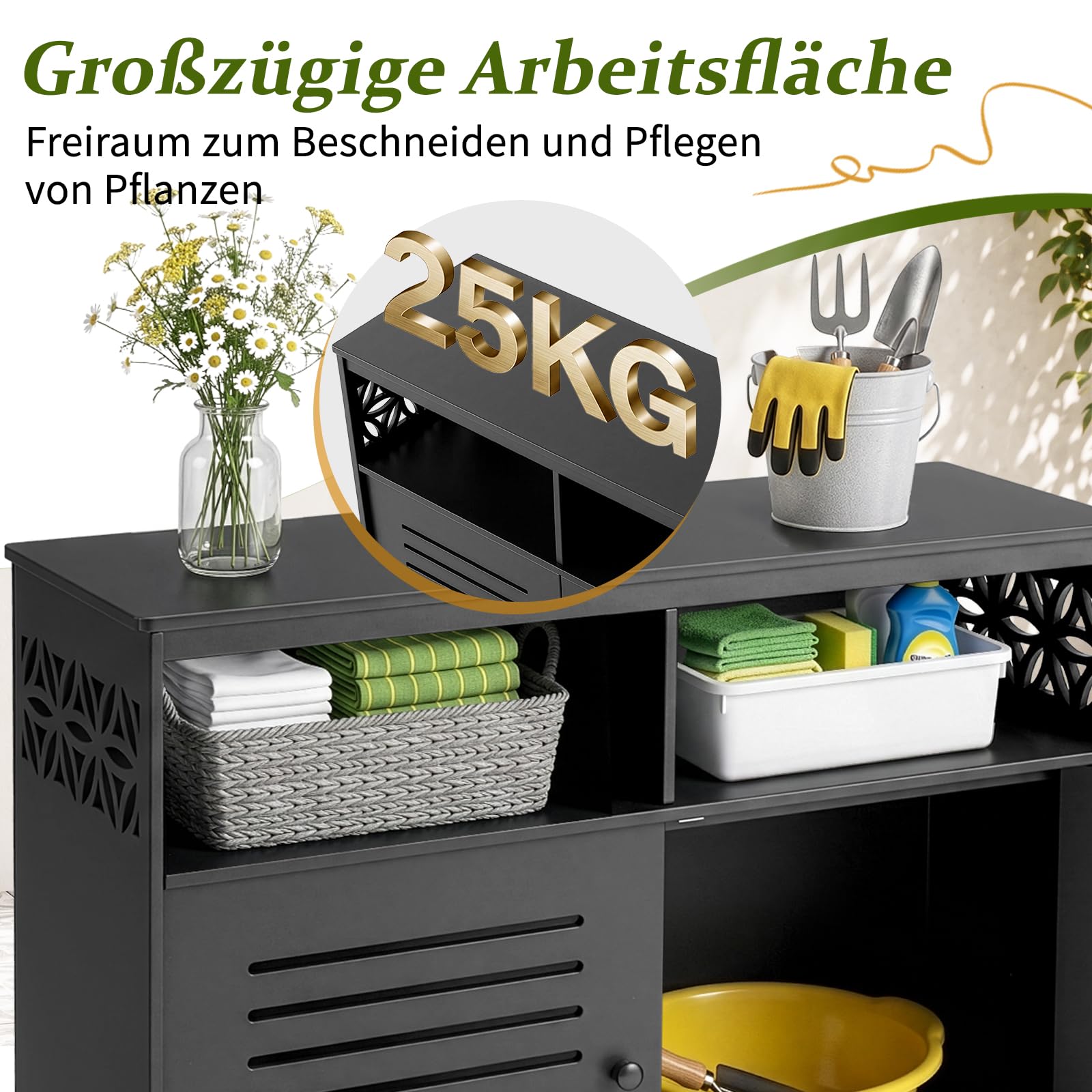Gartenschrank mit Staufächern, Gartenschrank wetterfest Outdoor, 107 x 39 x 80 cm, Hochwertiges PVC-Material, Leicht zu pflegen und zu reinigen, Schwarz
