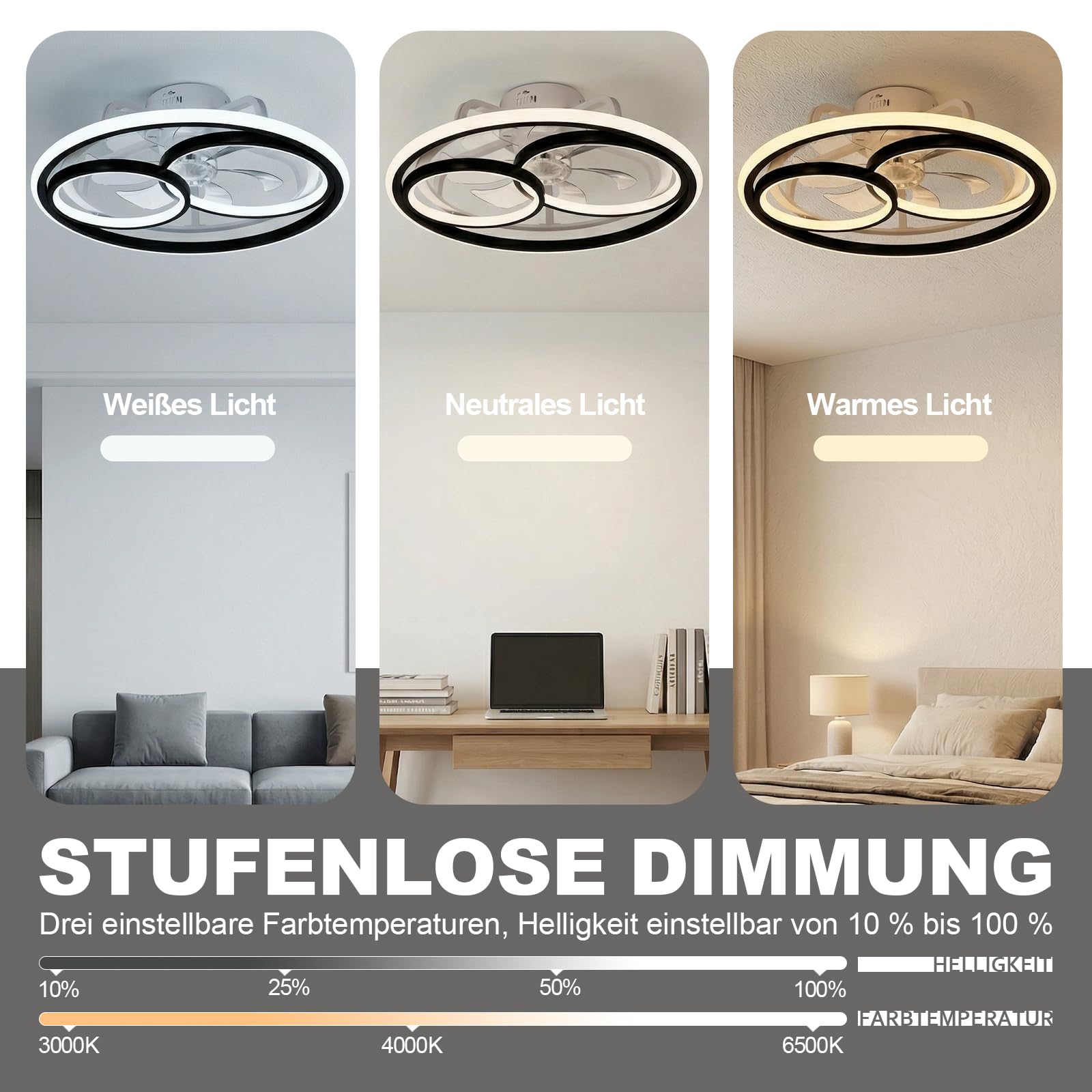 DATO Ventilador de techo con luz, 3 temperaturas de color y 6 velocidades, ventilador de techo LED con lámpara, silencioso y regulable (C)