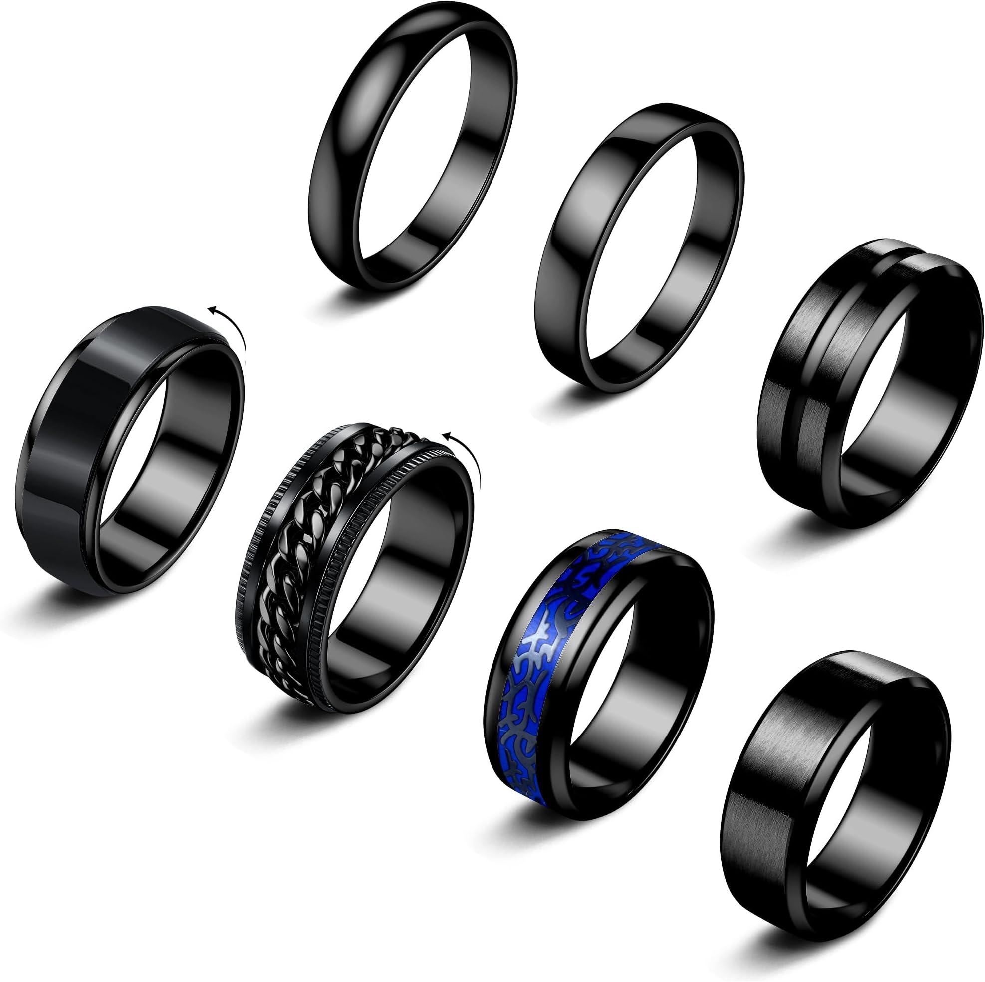 7Pcs Stainless Steel Rings for Men Women 14K Gold Plated Fidget Rings Set Cool Spinner Chain Ring Anxiety Relief Simple Men's Engagement Promise Wedding Band Size 7-13