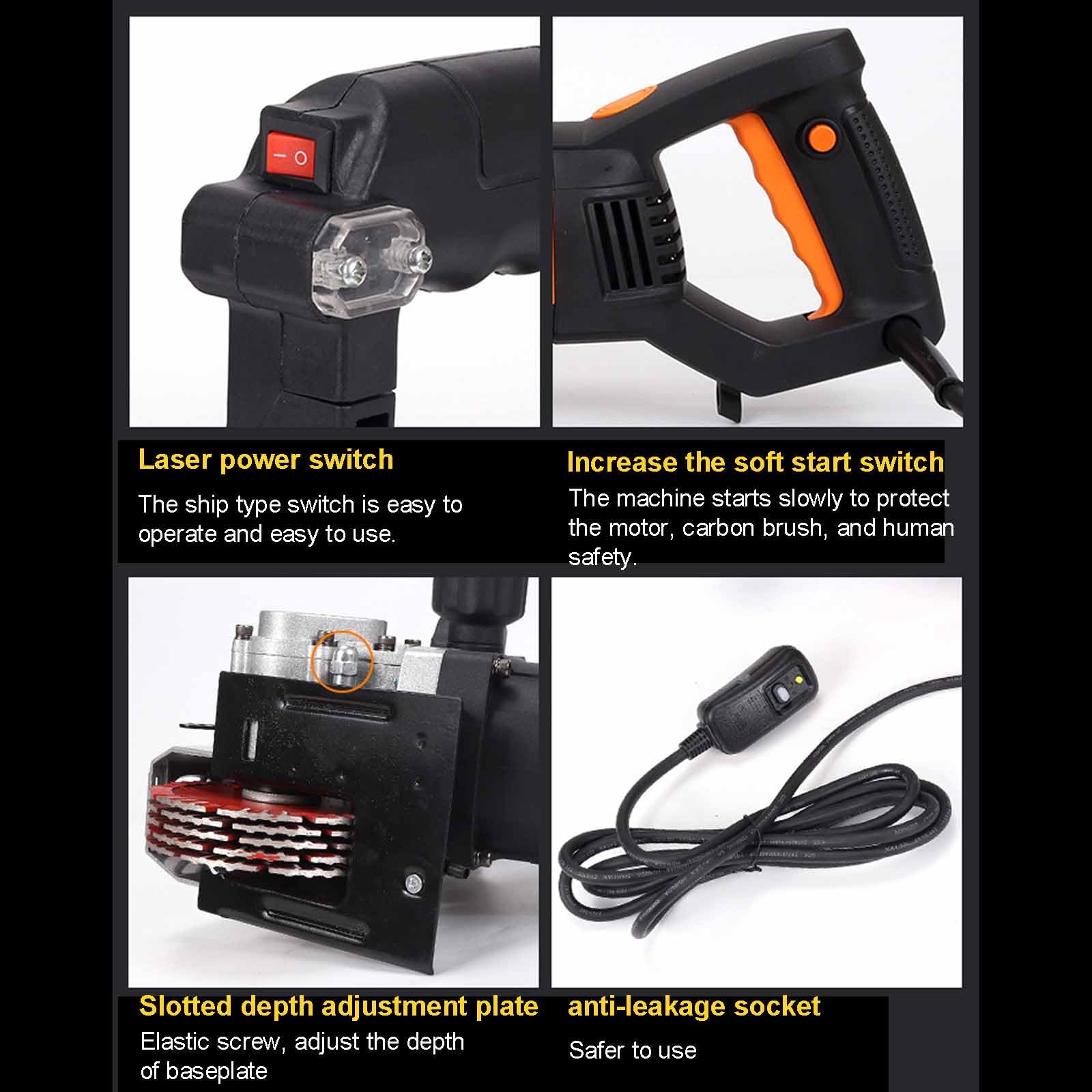 Rozadora De Pared Eléctrica, Máquina Cortadora De Ranuras De Pared, con Bomba De Agua Y Cuchilla De 133 Mm De Diámetro, Profundidad De Corte Máxima De 41 Mm, Ranura De 90°,Black