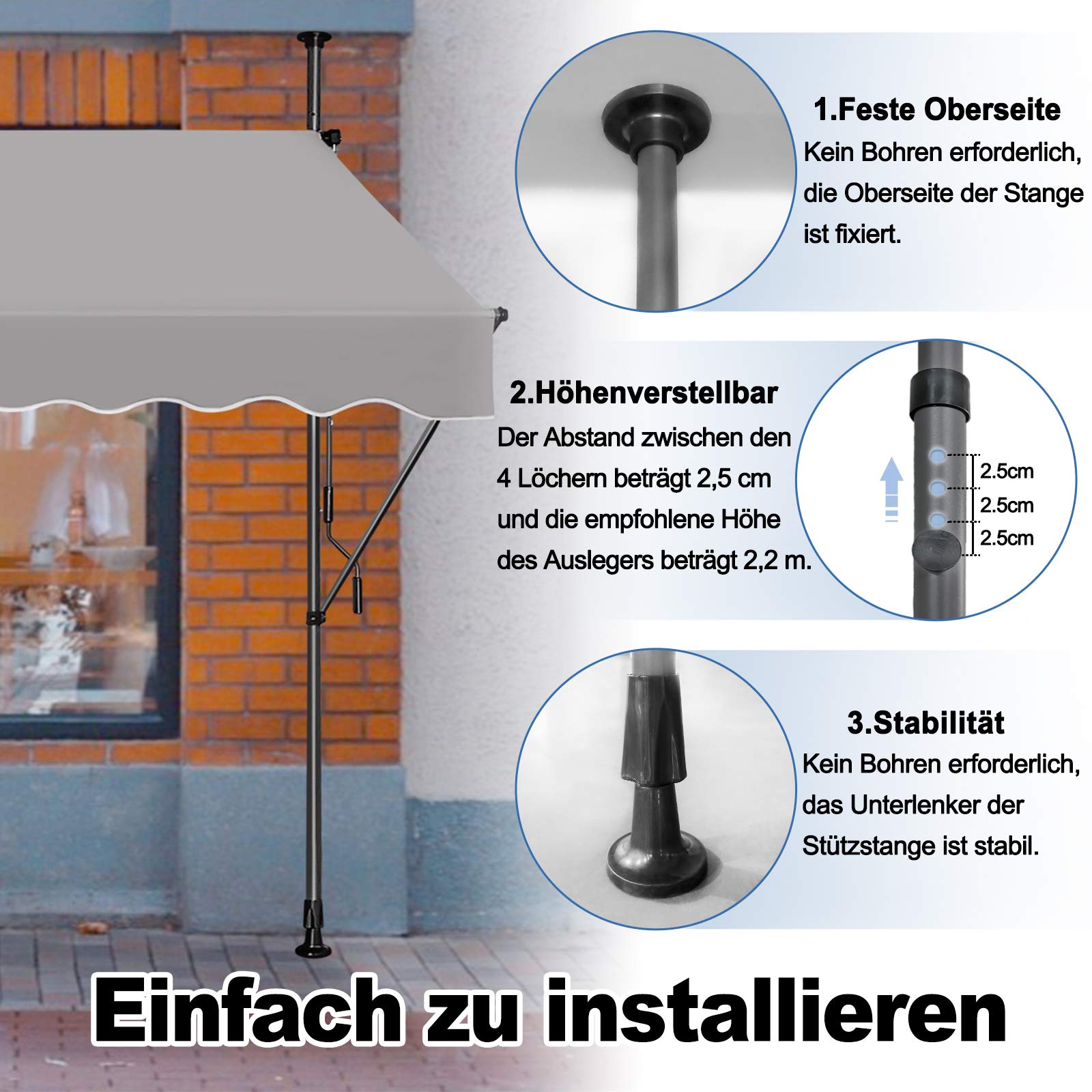 Klemmmarkise Balkon, Markise Einziehbar Manuell, Handkurbel, höhenverstellbar, UV-beständig, ohne Bohren, 100% Polyester (250x120cm, Grau)