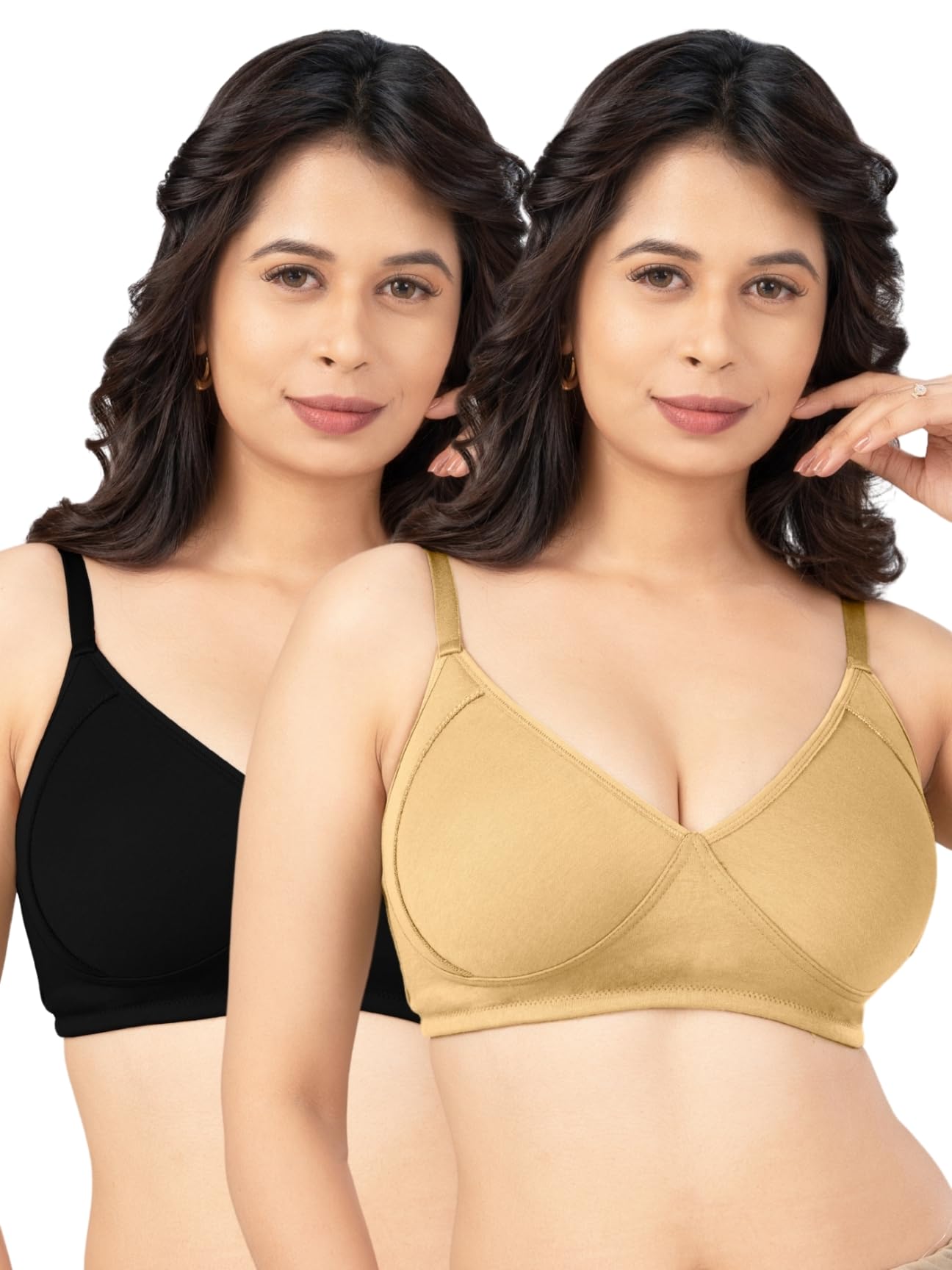 lovable Women's Cotton Non Padded Wirefree V-Neck with Adjustable Straps Seamless T-Shirt Bra - Full Coverage - Actual Color May Vary (Assorted Pack of 2) - SC#L0724-picture-21