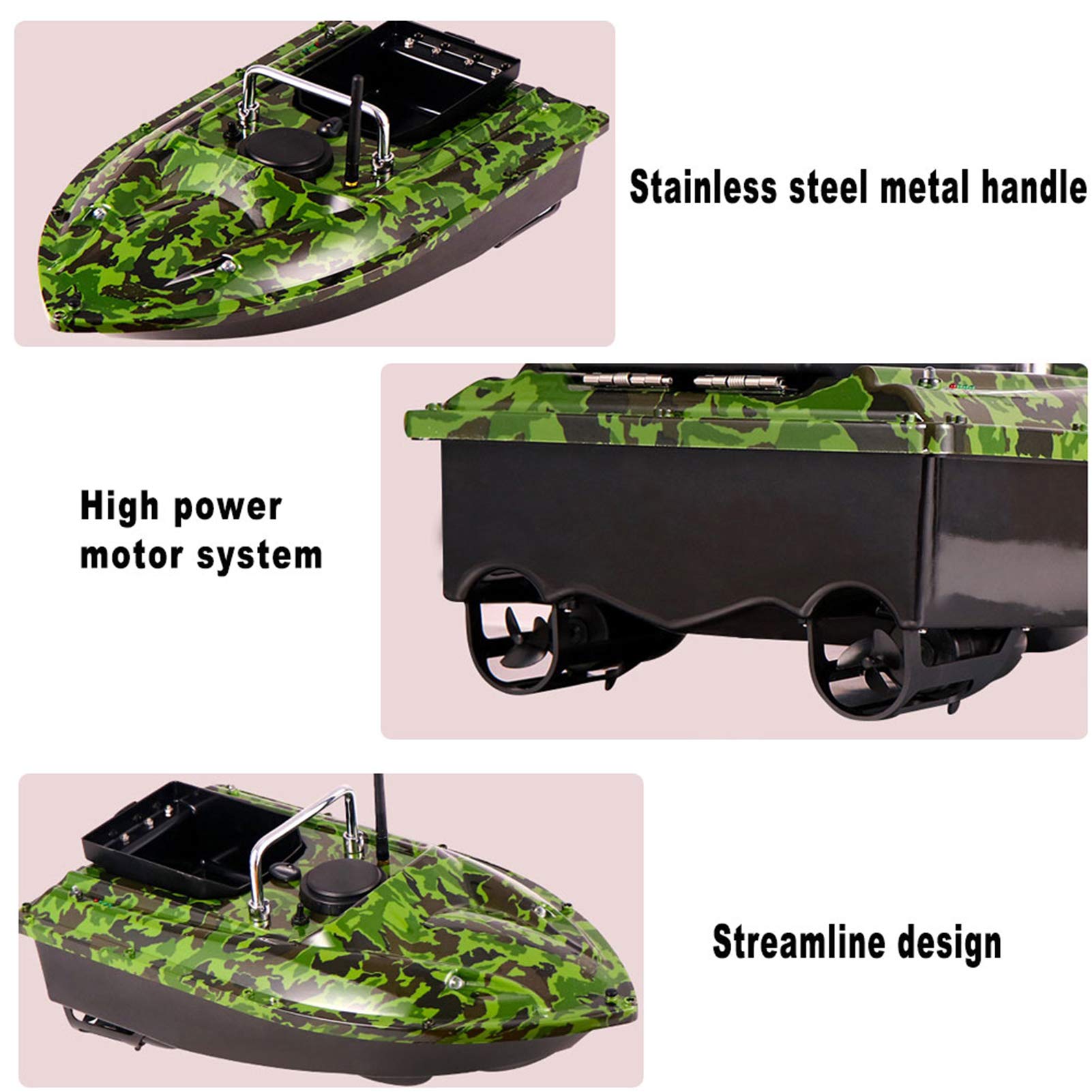 Bezprzewodowy Smart RC Bait Boat Czas czuwania 3H z nocnym światłem LED do kałuży i jezior Fish Finder akcesoria do łodzi wędkarskich prezenty dla mężczyzn, zielony kamuflaż