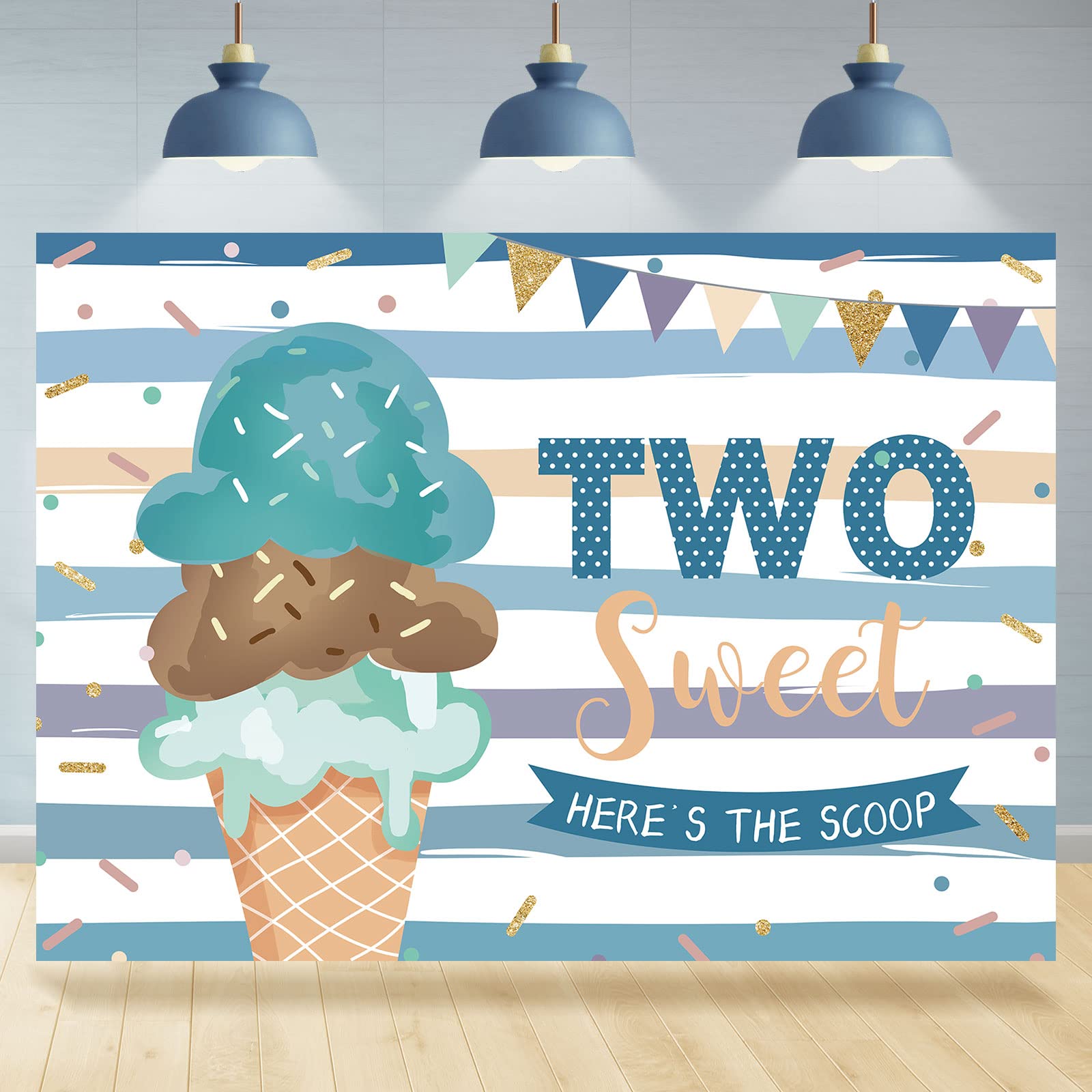 Rsuuinu 7x5ft Ice Cream Photo Studio Background Two Sweet Prince Boy Birthday Here's The Scoop Party Banner Colorful Stripes Polka Dots Photography Backdrops Cake Table Banner Decorations Supplies