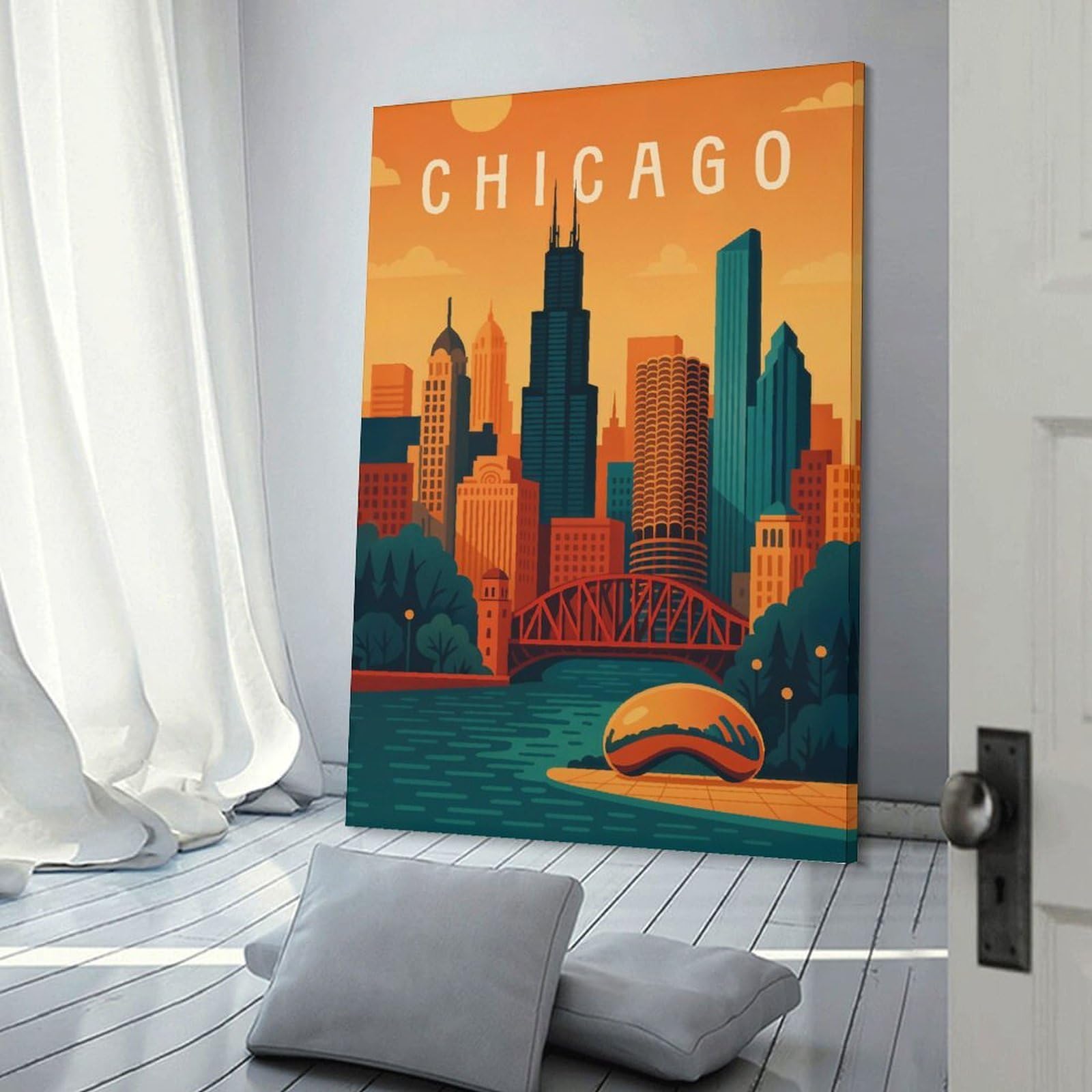 Junmoney Canvas Wall Decor Chicago Travel, 24x36inch(60x90cm), for Bedroom, Guest Room Or Reading Nook, Decorative Wall Art for Cosy Rooms