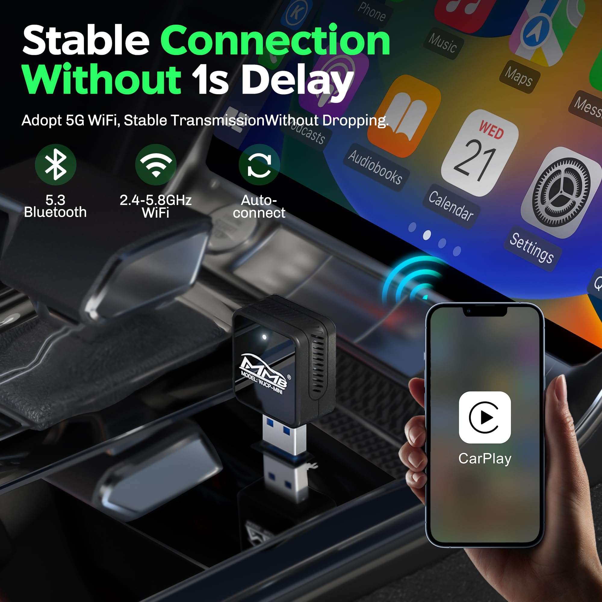 MMB WJCP-MINI - Adattatore wireless CarPlay 2024 Upgrade Wireless CarPlay Adapter Dongle, converte CarPlay Cablato in fabbrica in spina e gioco senza fili, con auto CarPlay e iOS 10+