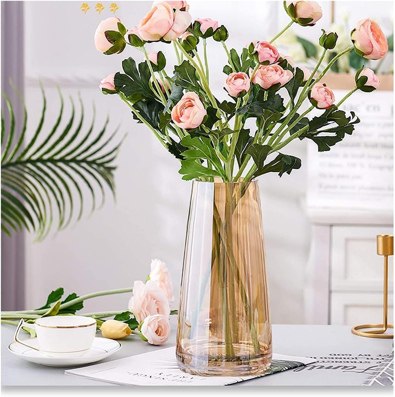 Decorative Glass Vase for Flowers Plants Home Decor Office Living Table Decorations, Vases for Home Decor, Luster Glass Vase,Modern Glass Vase - (Crystal Amber, Approx 9 Inches Height)