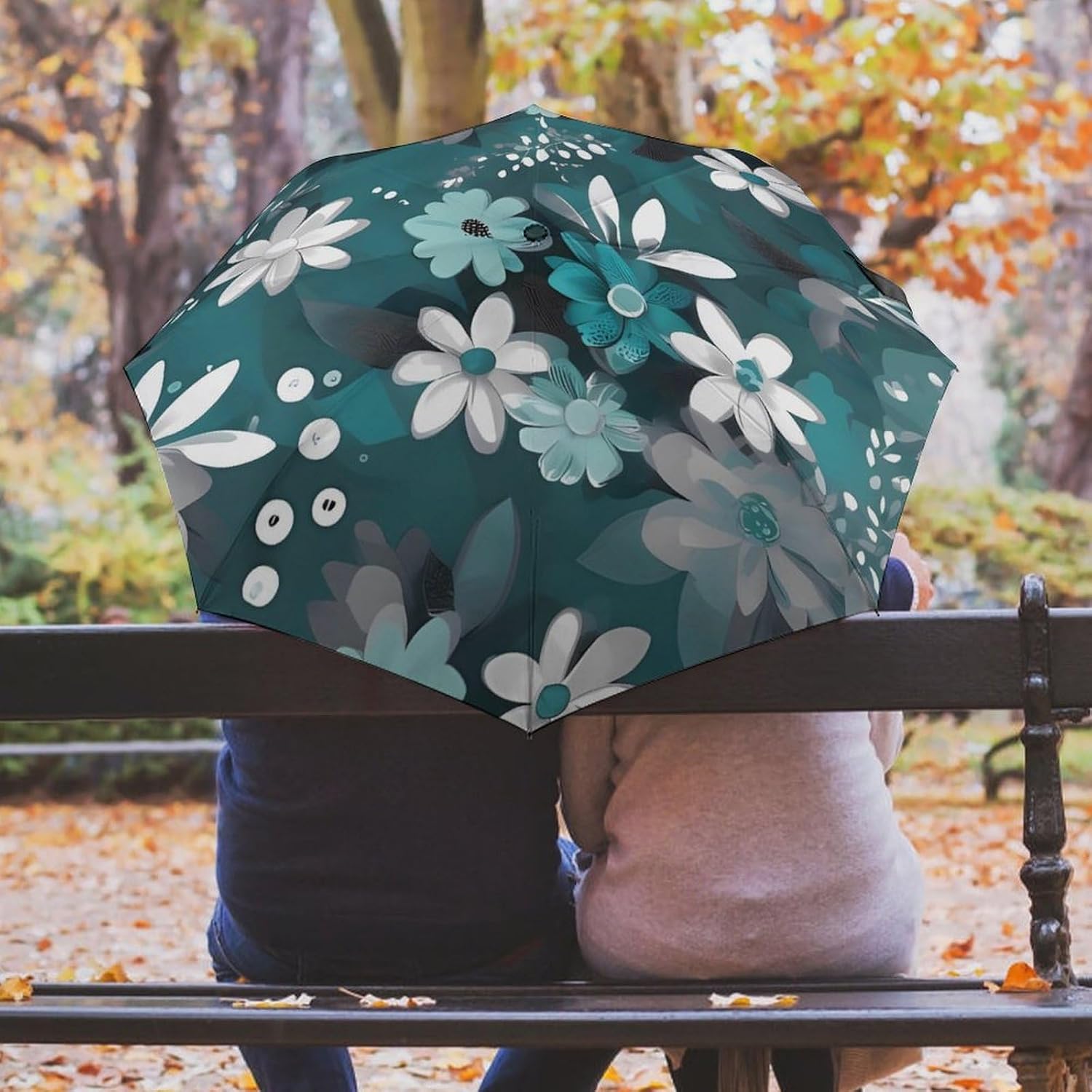 Windproof Travel Umbrella for Rain & Sun - Compact Automatic Folding Umbrella 8-Rib Reinforced Frame, Teal Grey And White Floral Umbrellas Lightweight Portable Umbrellas for Car Backpack image 5