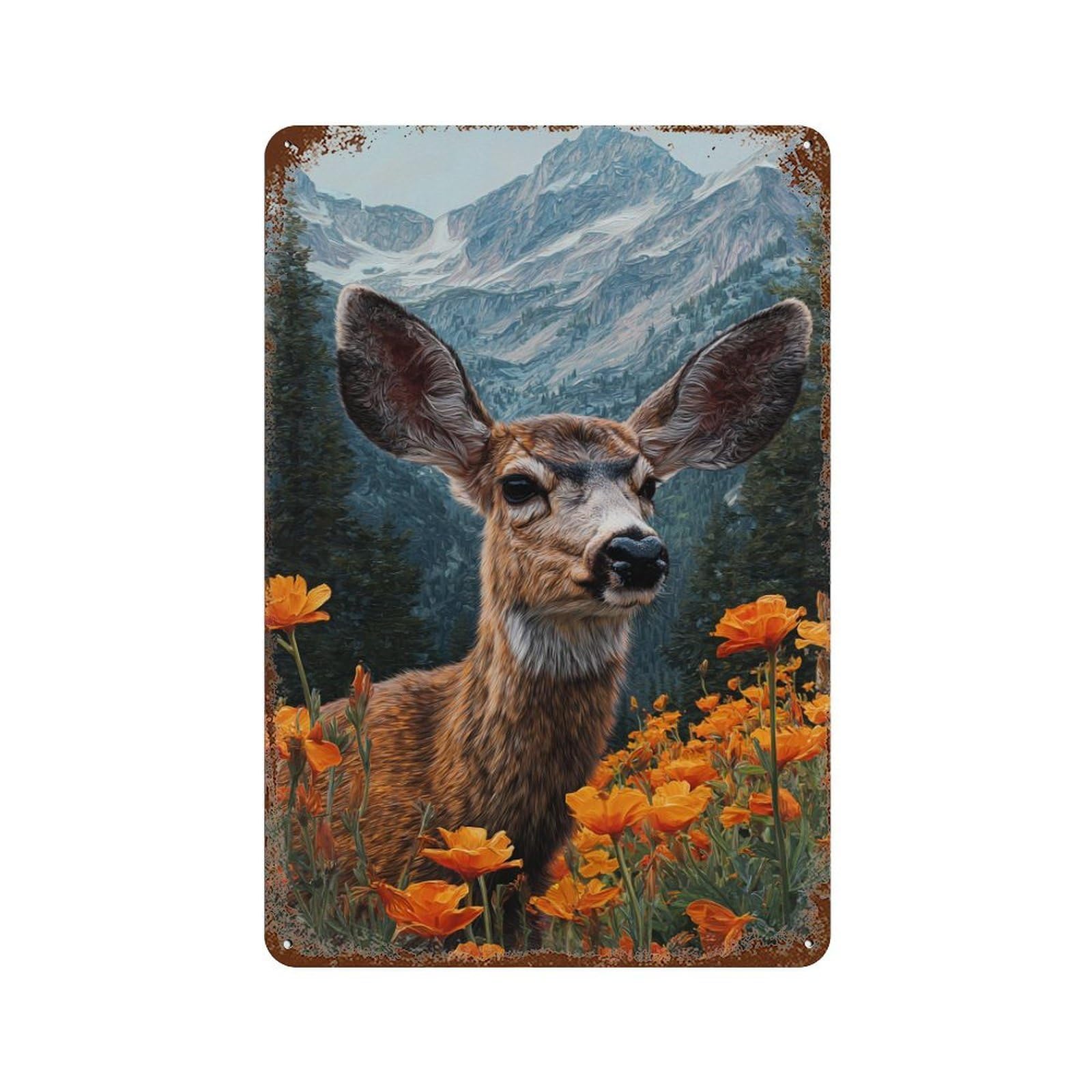 Deer in Mountain Flowers Aged Metal Wall Plaque 11.8"x7.9", Industrial Home Decor for Pub, Kitchen And Man Cave Decor