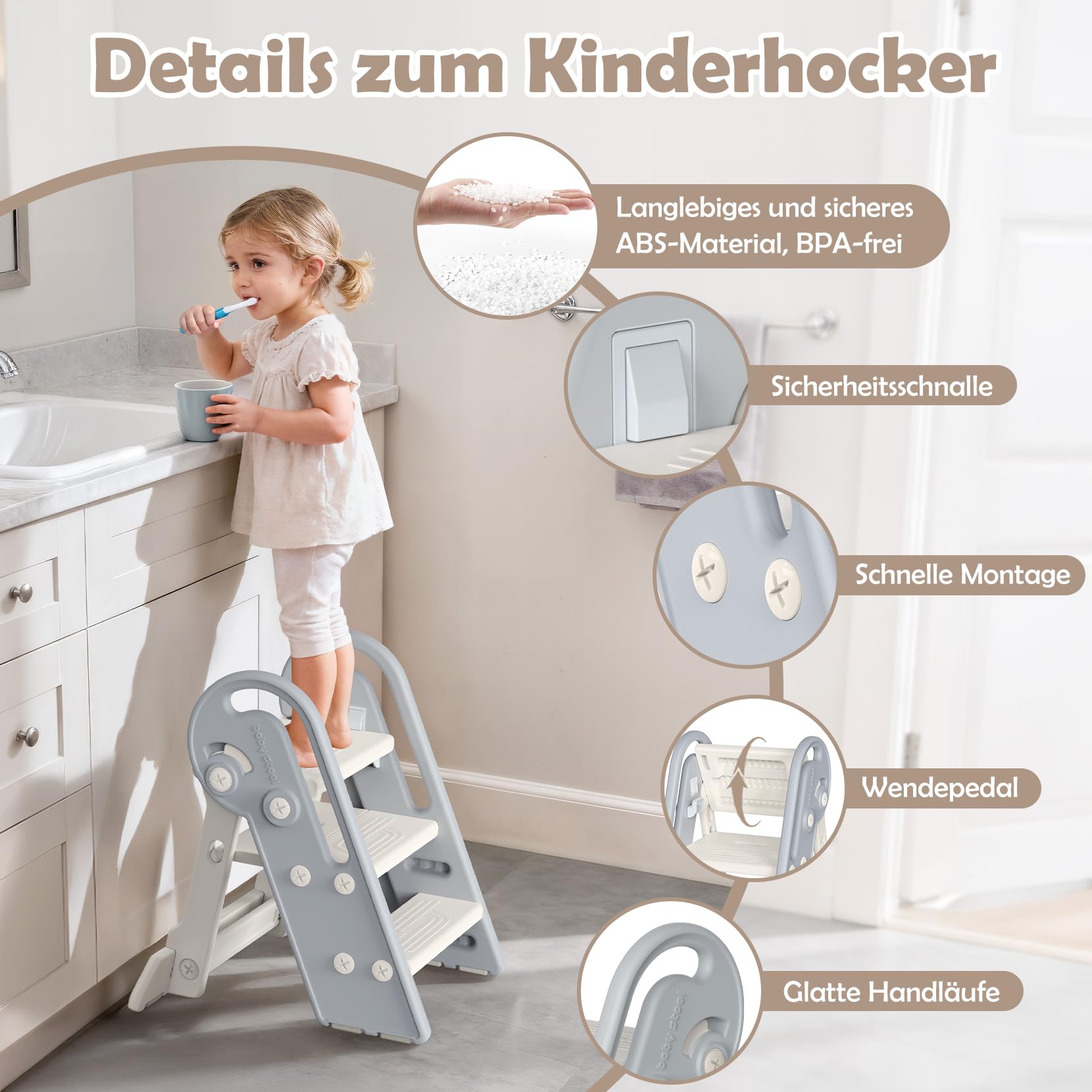 Onasti Tritthocker Kinder, Höhenverstellbar 3 Stufen Hocker Kinder, Trittschemel für Baby mit Handhaben, Klappbar, Anti-Kipp und Anti-Rutsch, für Küche, Badezimmer, Waschbecken und Toilette (Grau)