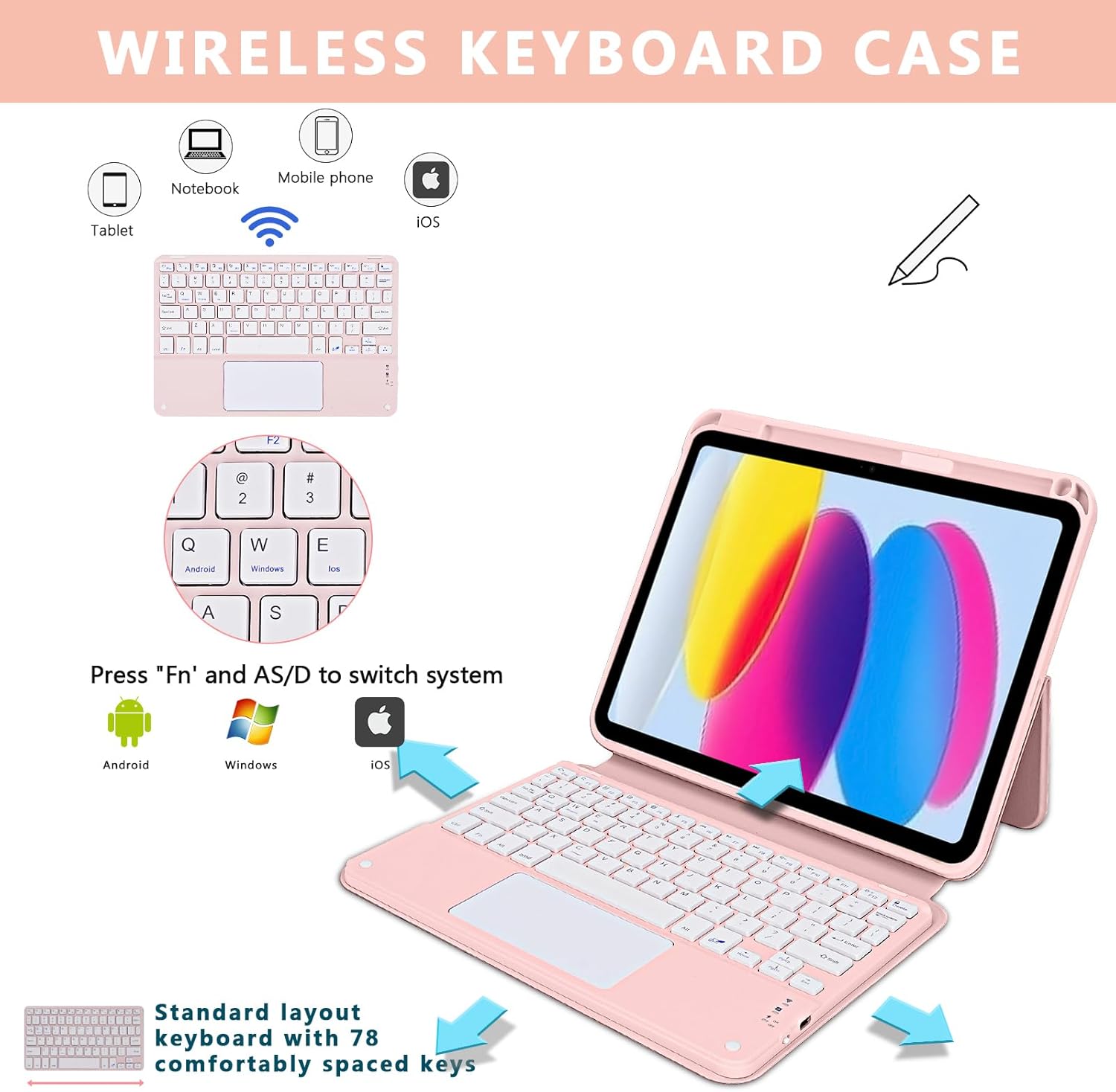 Keyboard Case for iPad (A16) 11th 10th Generation 11 inch 2025, Multi-Touch Trackpad, Wireless, Magnetic Detachable Bluetooth Keyboard Case with Pencil Holder for iPad 10th Gen 10.9 inch 2022 (Pink) - Image 8