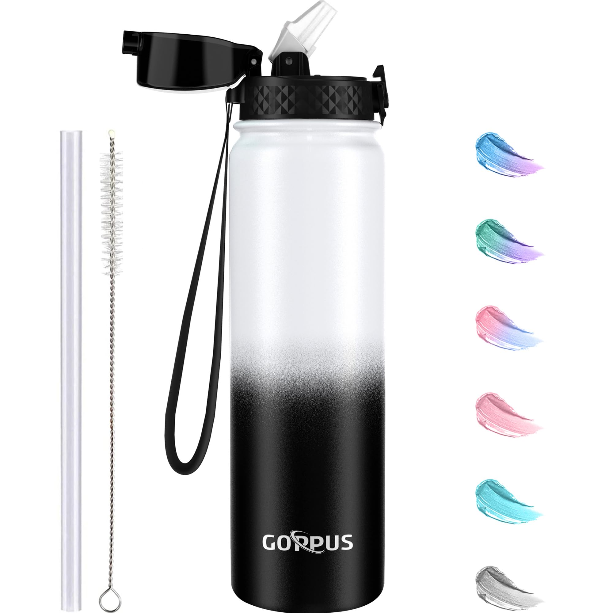 GOPPUS 1L/32oz Stainless Water Bottle with Straw Double Wall Insulated Bottles with Strap Reusable Vacuum Thermal Flask Leakproof Keep Cold Drinks Bottles with Flip Top Lid for Gym Men Women BPA Free