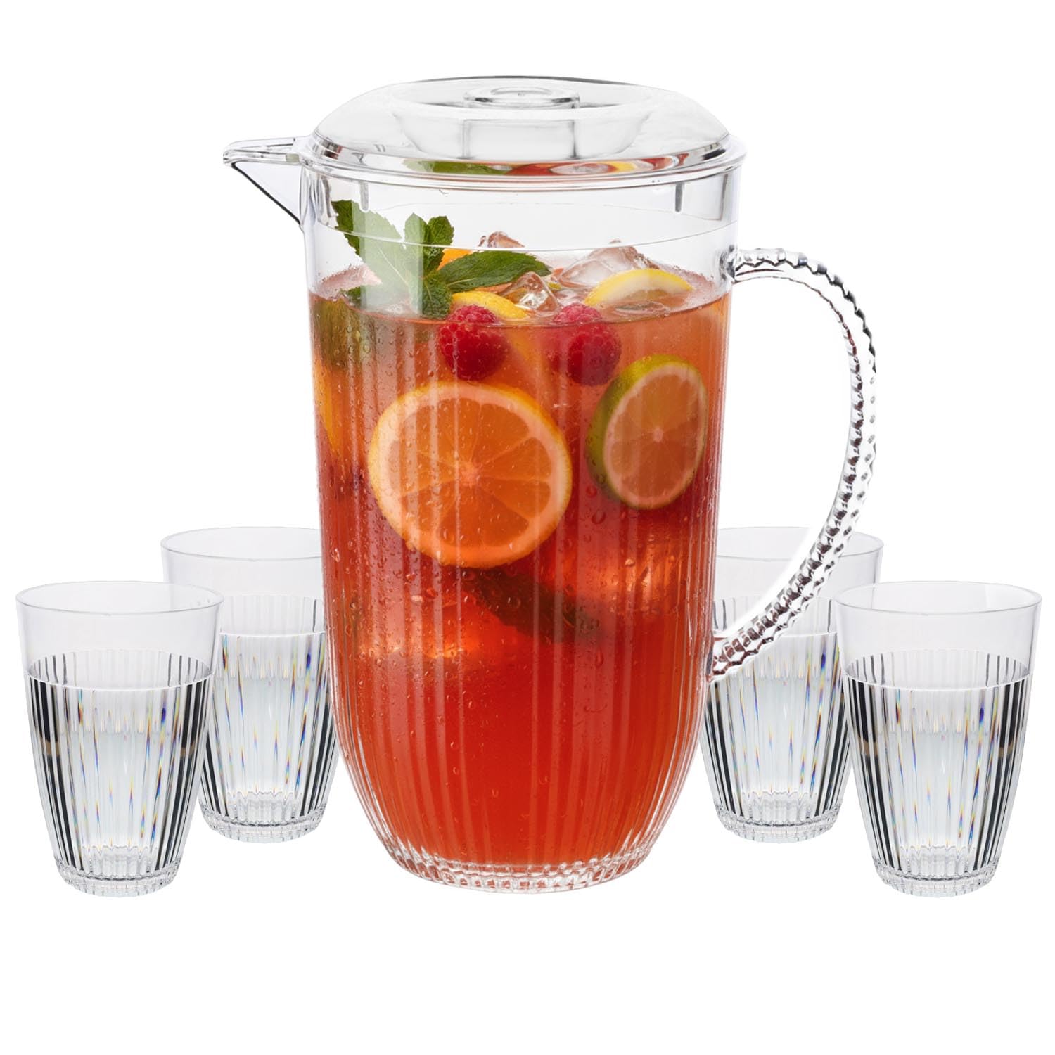 UNIQUE HOME LIVING Clear Acrylic Pitcher 2 Litre Water Jug with Lid, BPA-Free, Juice Jugs with 4 Cups Set for Iced Tea, Lemonade, Cocktails, Cold Beverage Carafe for Fridge - Ribbed Design