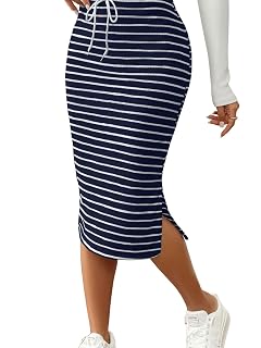 ebossy Womens Casual Striped Side Slit Drawstring Midi Skirts Rib Knit Stretchy Bodycon Pencil Skirts